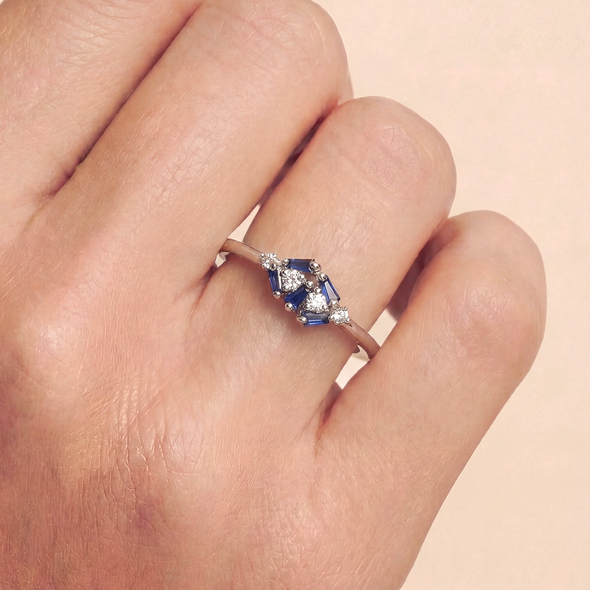 Natural Blue Sapphire and Diamond Geometric Ring in 18K White Gold - JewelryAndStore