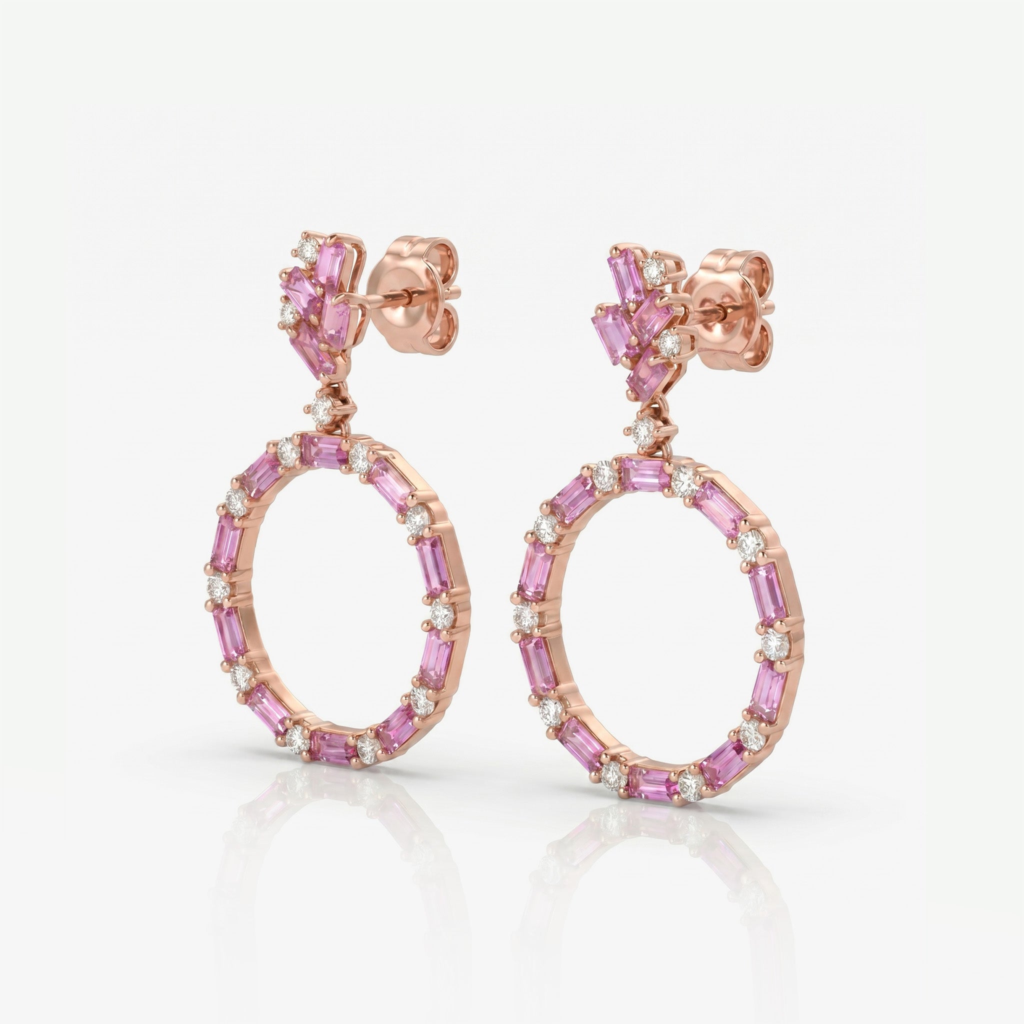Natural Pink Sapphire and Diamond Stud Drop Earrings in 18K Rose Gold - JewelryAndStore