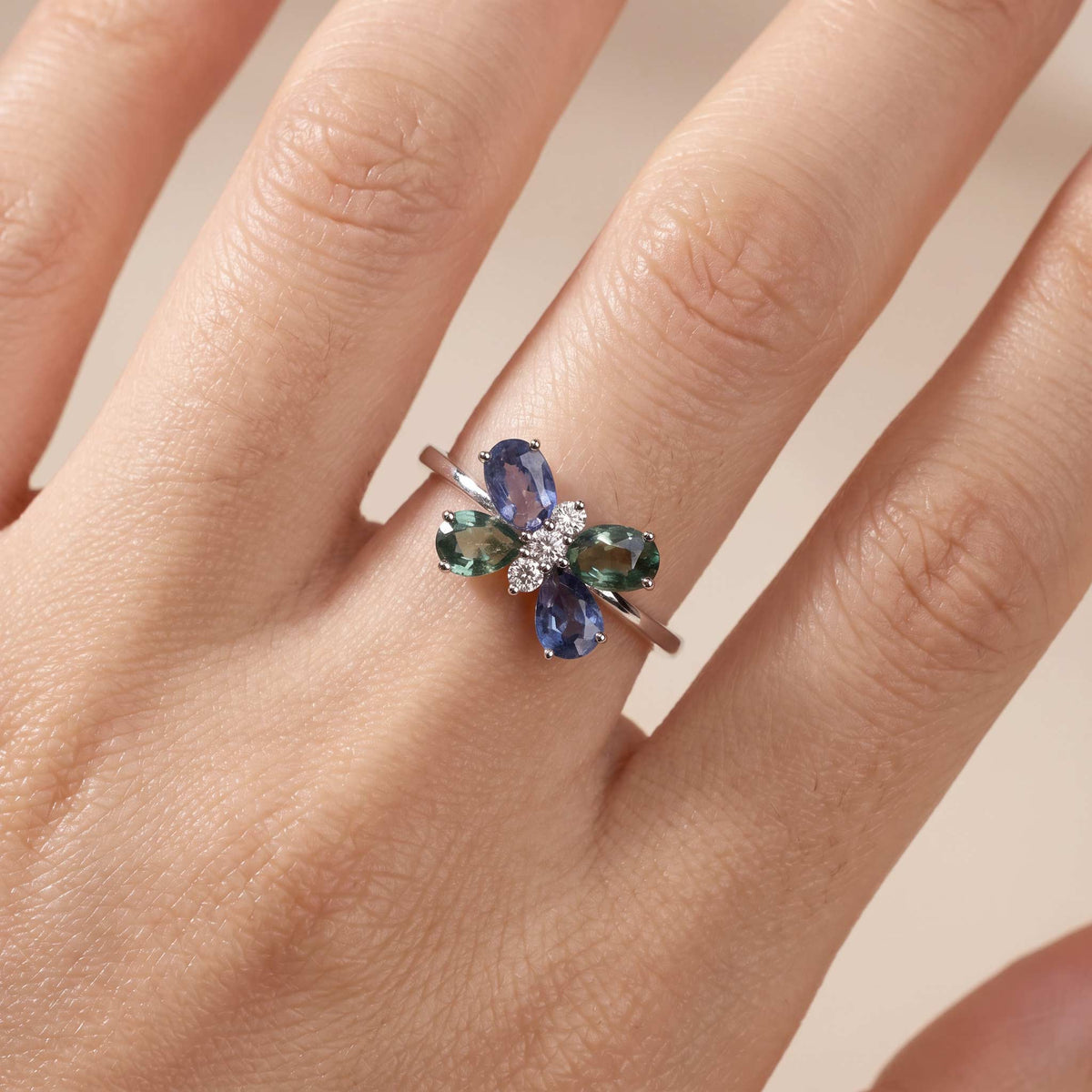 18K Gold Multi-Colored Sapphire & Diamond Butterfly Ring - JewelryAndStore