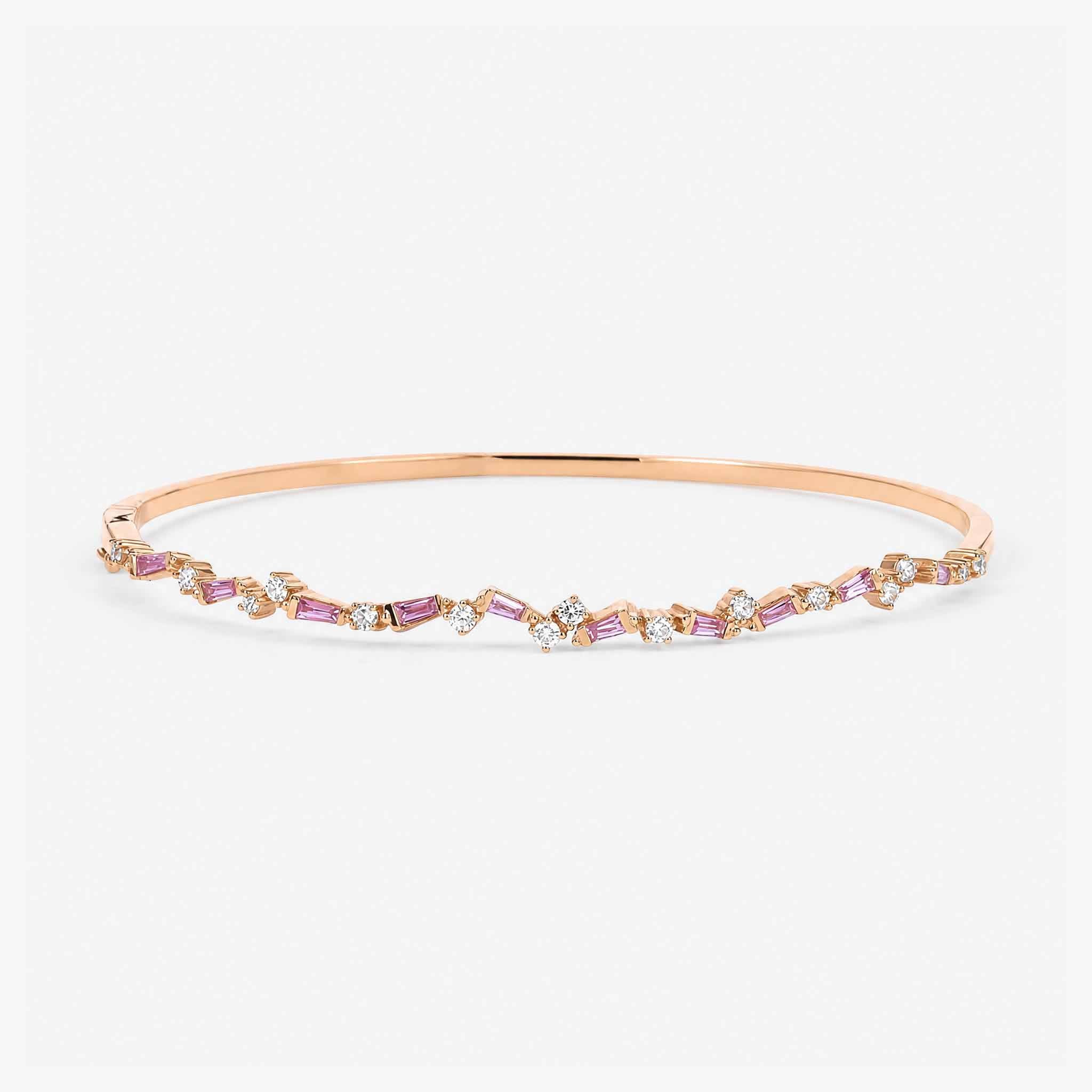 Natural Pink Sapphire and Diamond Asymmetric Wave Cluster Bangle in 18K Rose Gold - JewelryandStore