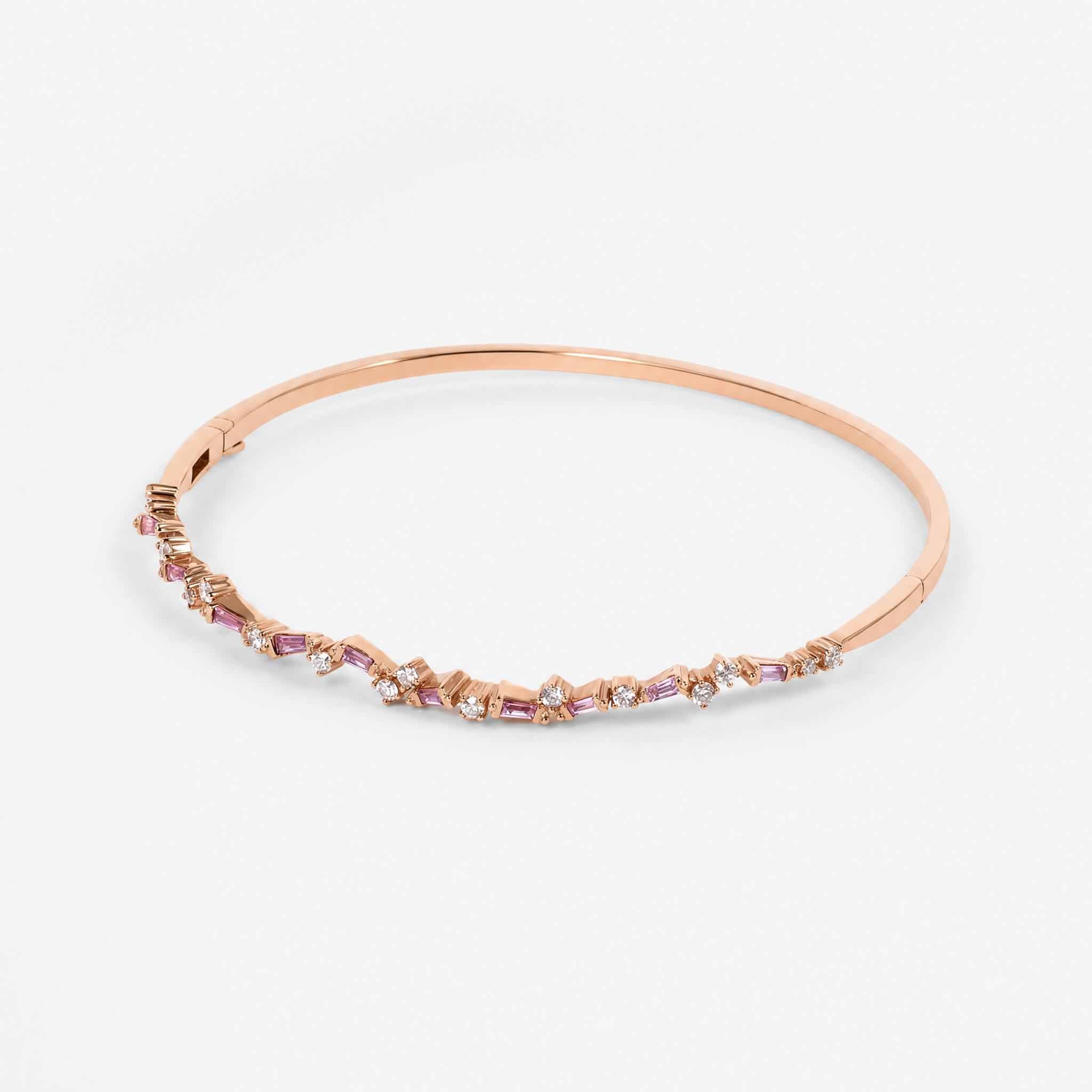 Natural Pink Sapphire and Diamond Asymmetric Wave Cluster Bangle in 18K Rose Gold - JewelryandStore