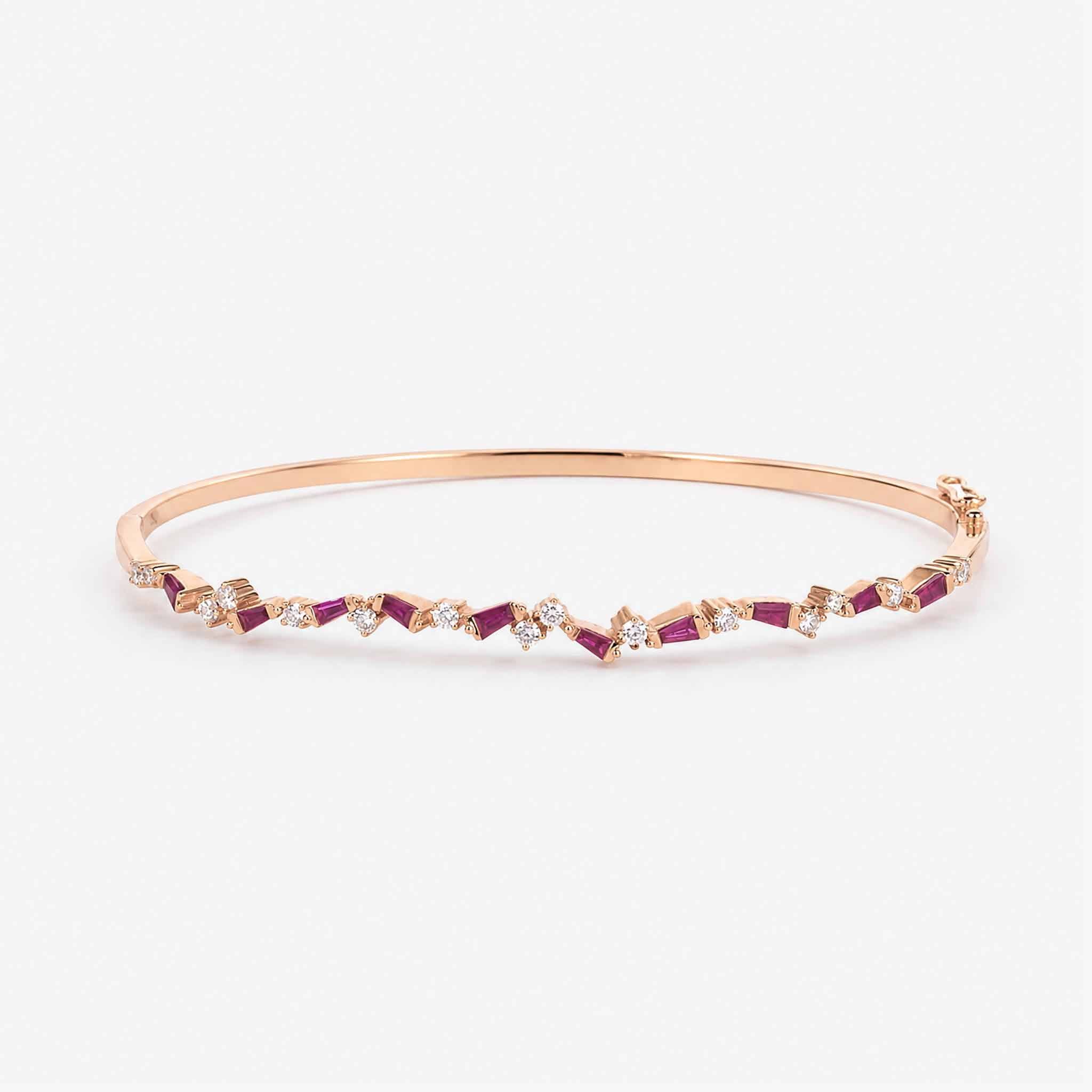 Natural Ruby and Diamond Asymmetric Wave Bangle in 18K Rose Gold - JewelryAndStore