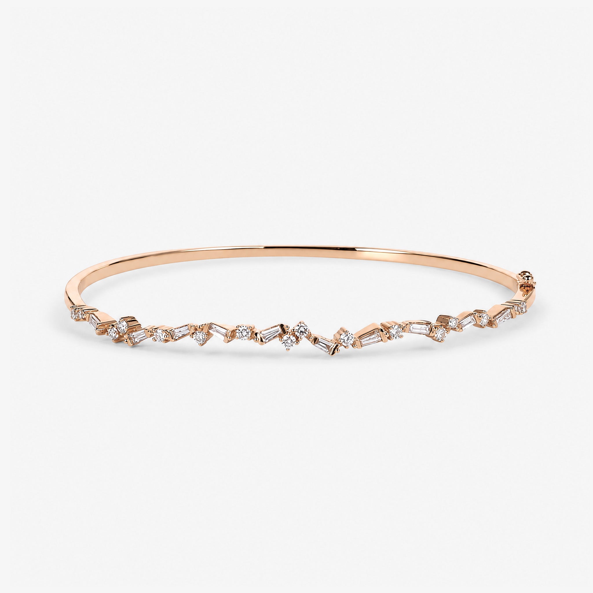 Natural Baguette and Round Diamond Asymmetric Wave Bangle in 18K Rose Gold - JewelryAndStore