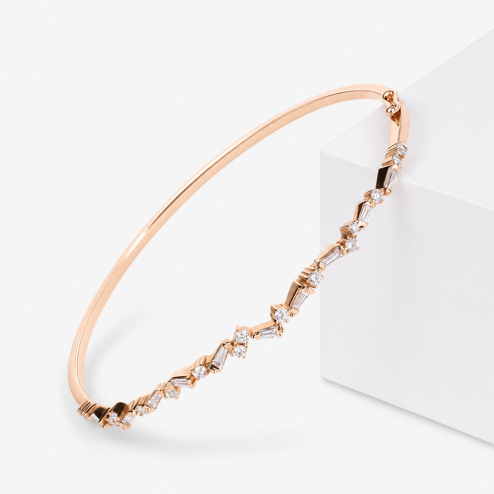 Natural Baguette and Round Diamond Asymmetric Wave Bangle in 18K Rose Gold - JewelryAndStore