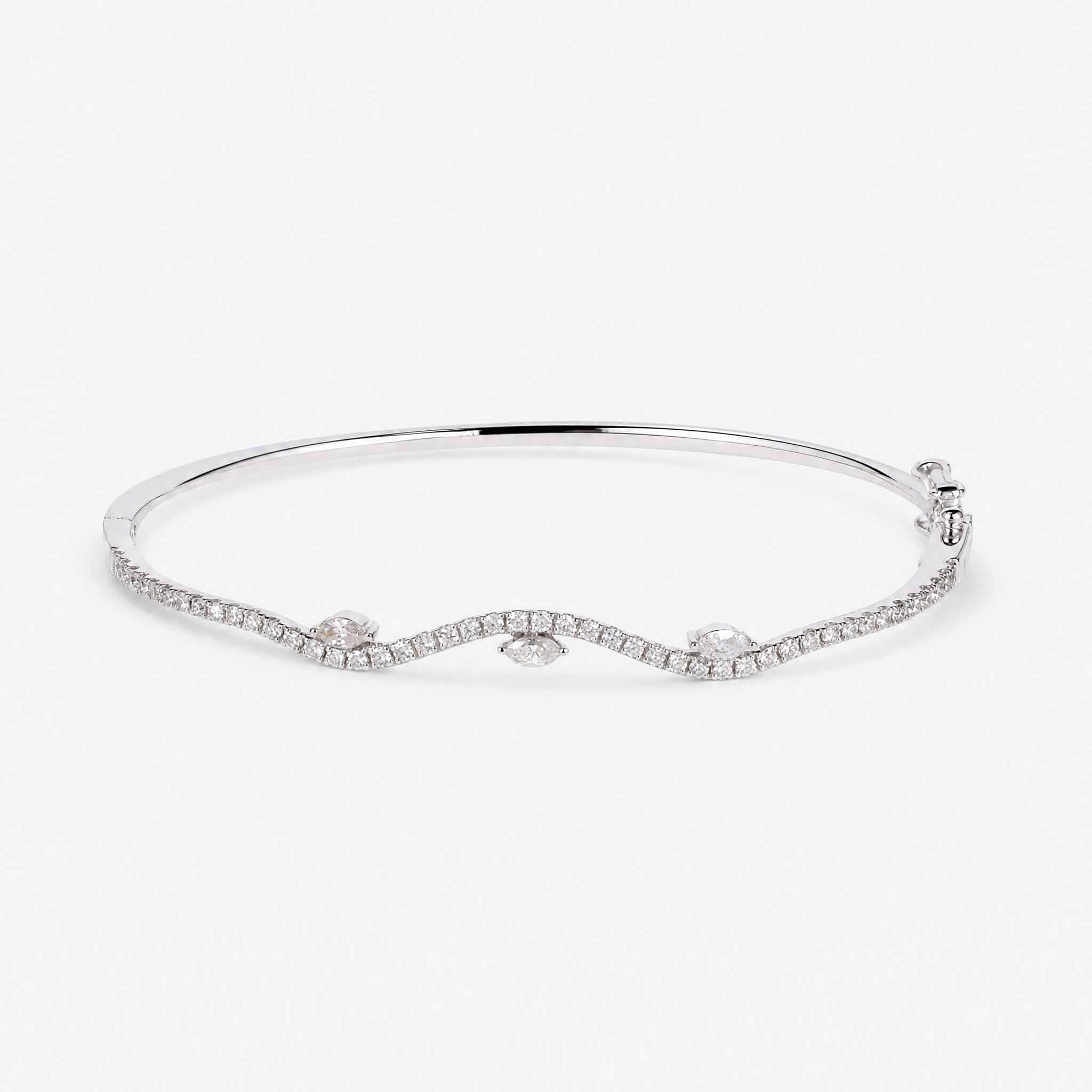 Natural Marquise and Round Diamond Wave Bangle in 18K White Gold - JewelryAndStore