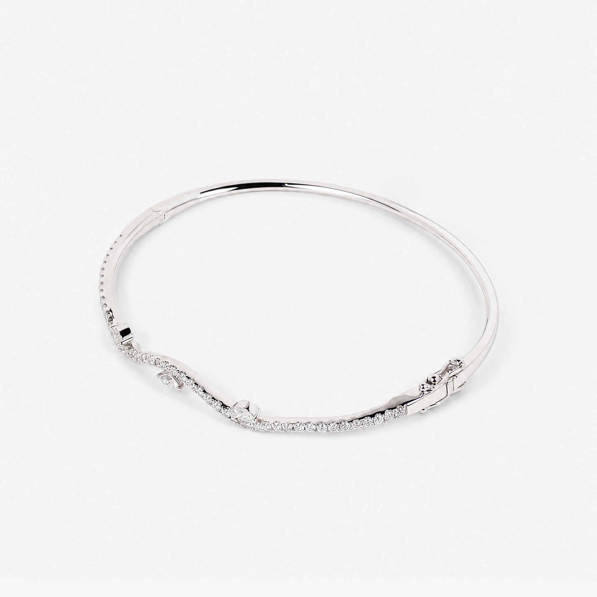 Natural Marquise and Round Diamond Wave Bangle in 18K White Gold - JewelryAndStore