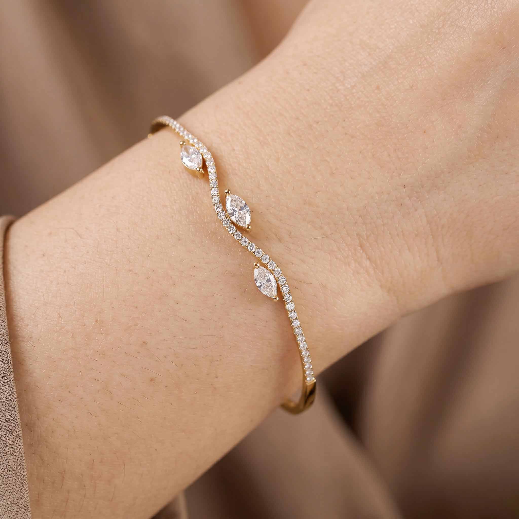1.23ct Natural Marquise and Round Diamond Wave Bangle in 18K Yellow Gold - JewelryAndStore