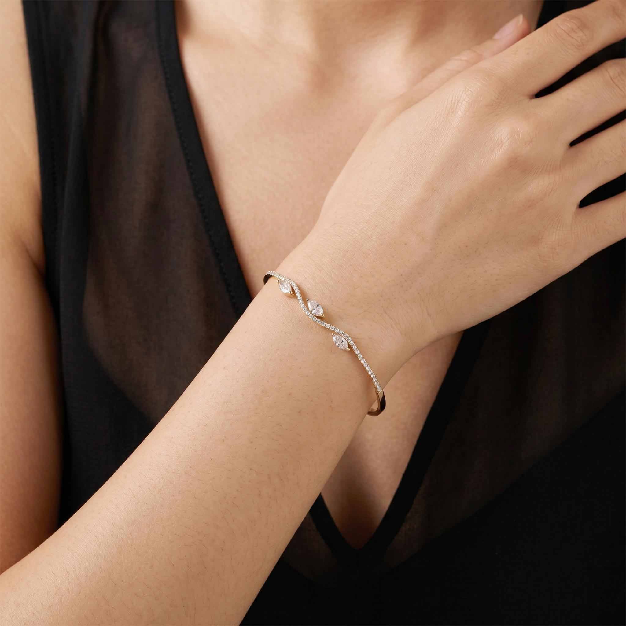 1.23ct Natural Marquise and Round Diamond Wave Bangle in 18K Yellow Gold - JewelryAndStore