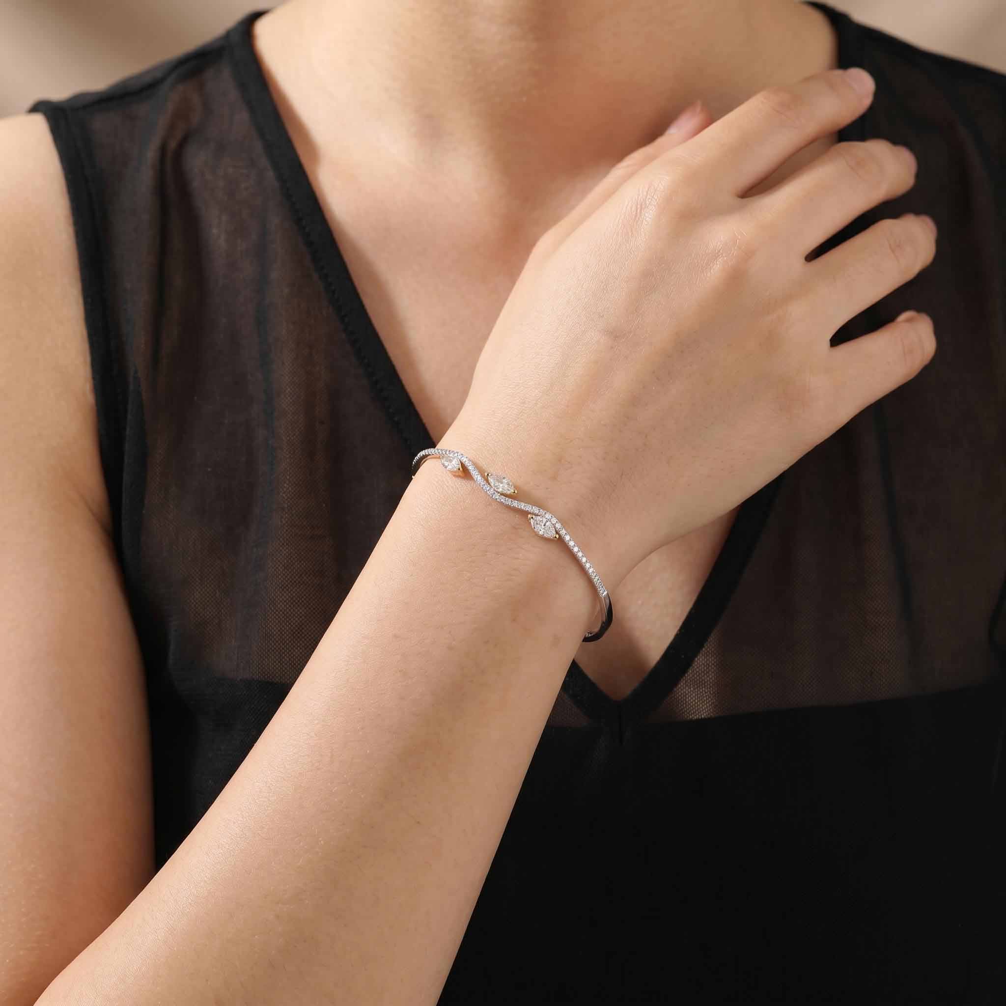 1.37ct Natural Marquise and Round Diamond Wave Bangle in 18K White Gold - JewelryAndStore