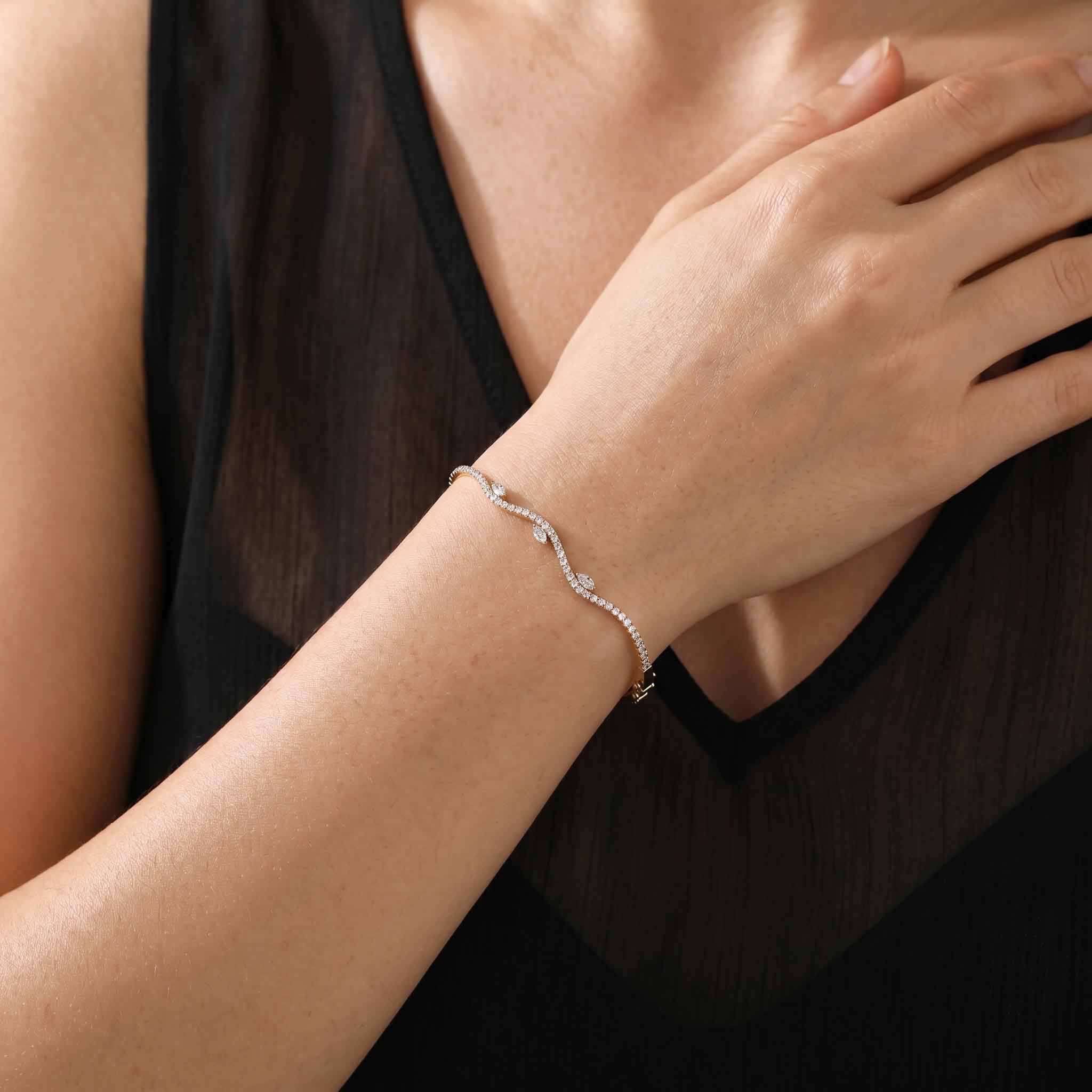 Natural Marquise and Round Diamond Wave Bangle in 18K Rose Gold - JewelryAndStore