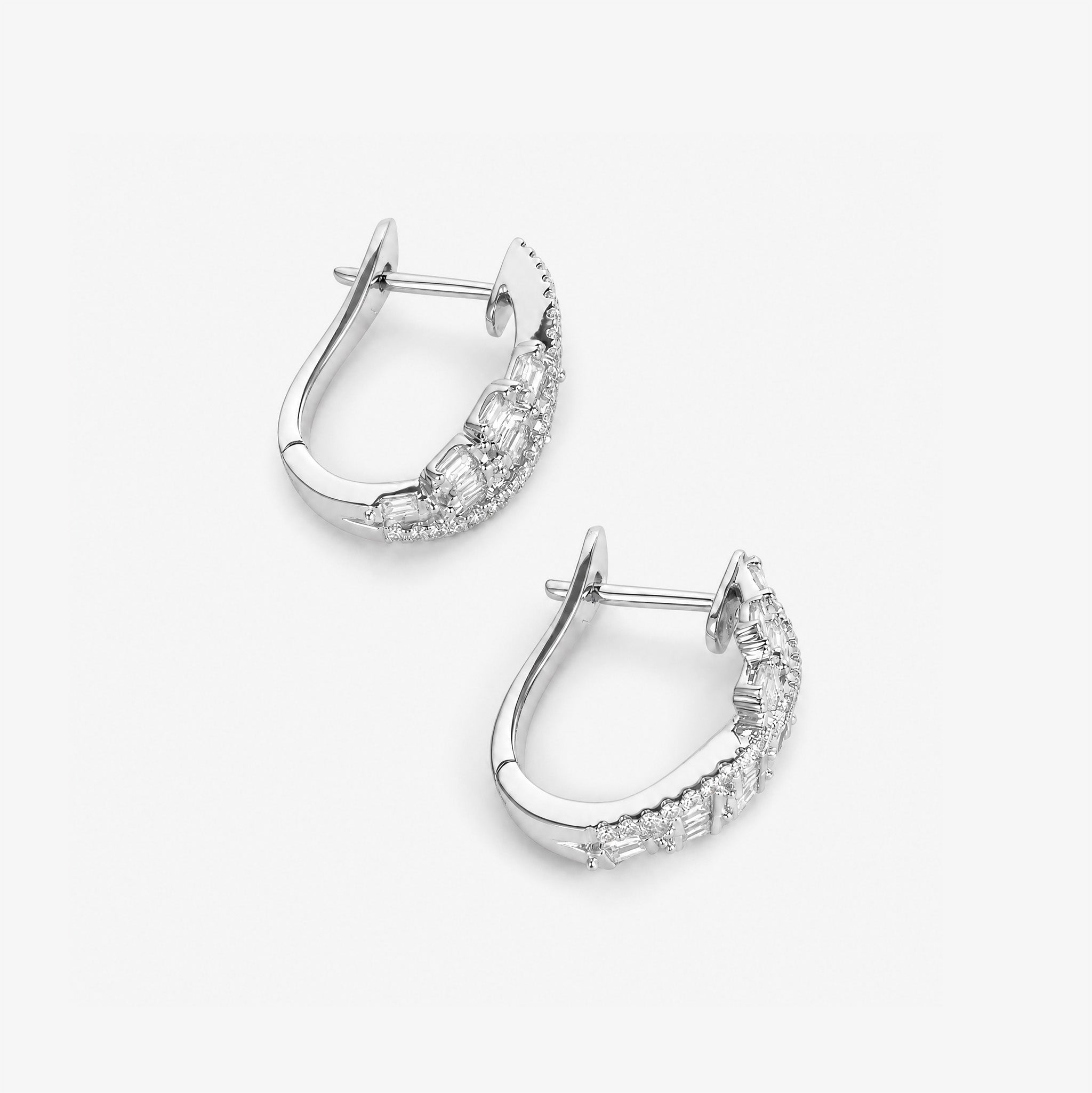 Natural Baguette and Round Diamond Huggie Earrings in 18K White Gold - JewelryAndStore