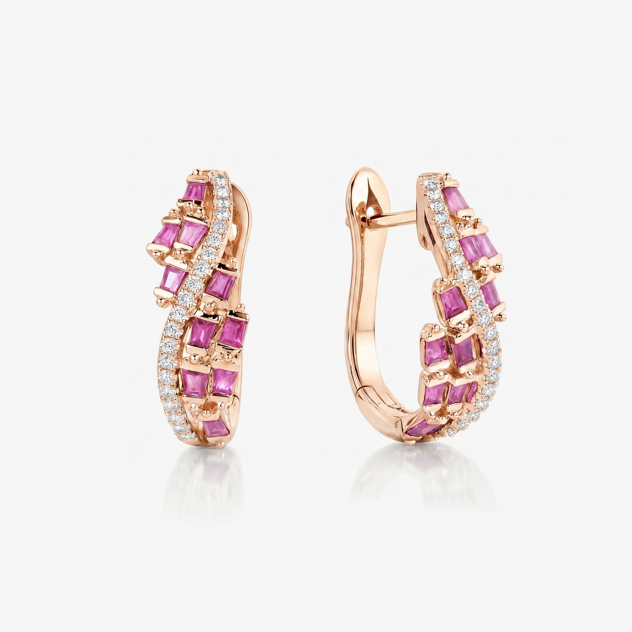 Natural Pink Sapphire and Diamond Huggie Earrings in 18K Rose Gold - JewelryAndStore
