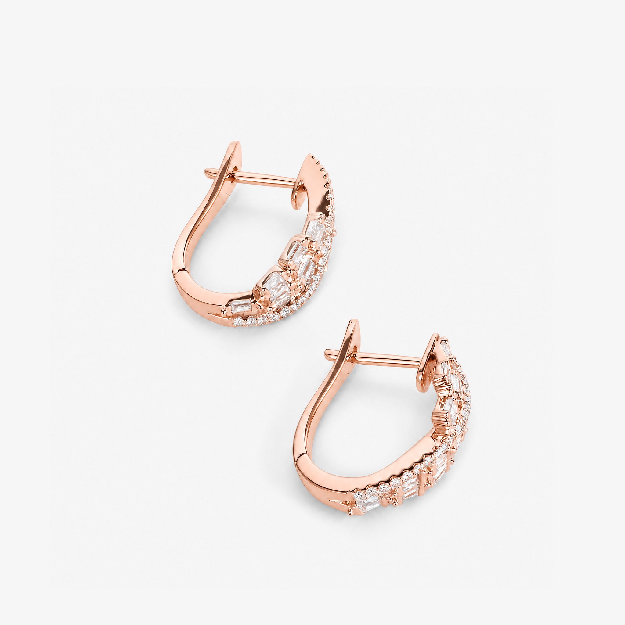 Natural Baguette and Round Diamond Huggie Earrings in 18K Rose Gold - JewelryAndStore