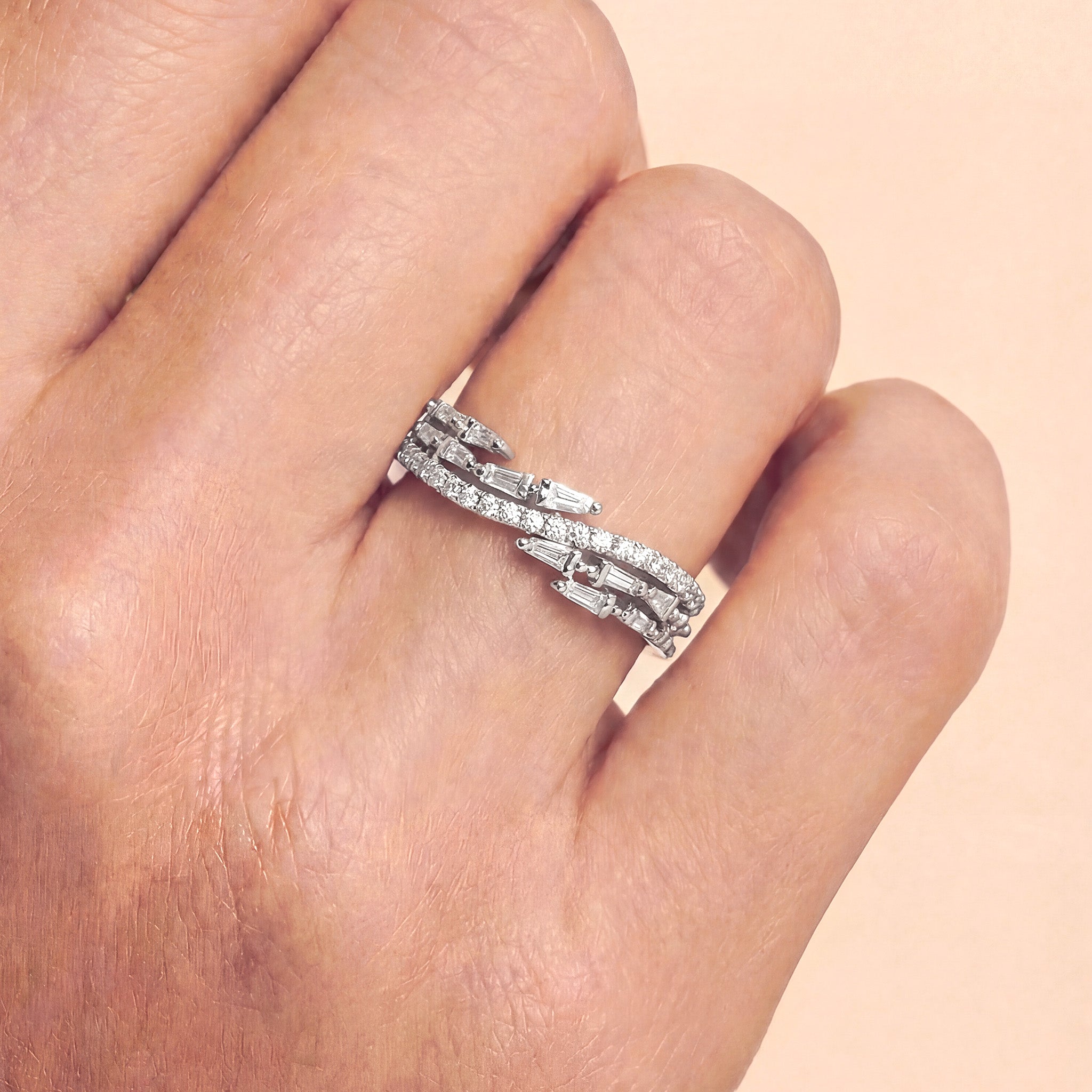 Natural Diamond Criss Cross Wave Band Ring in 18K White Gold - JewelryAndStore
