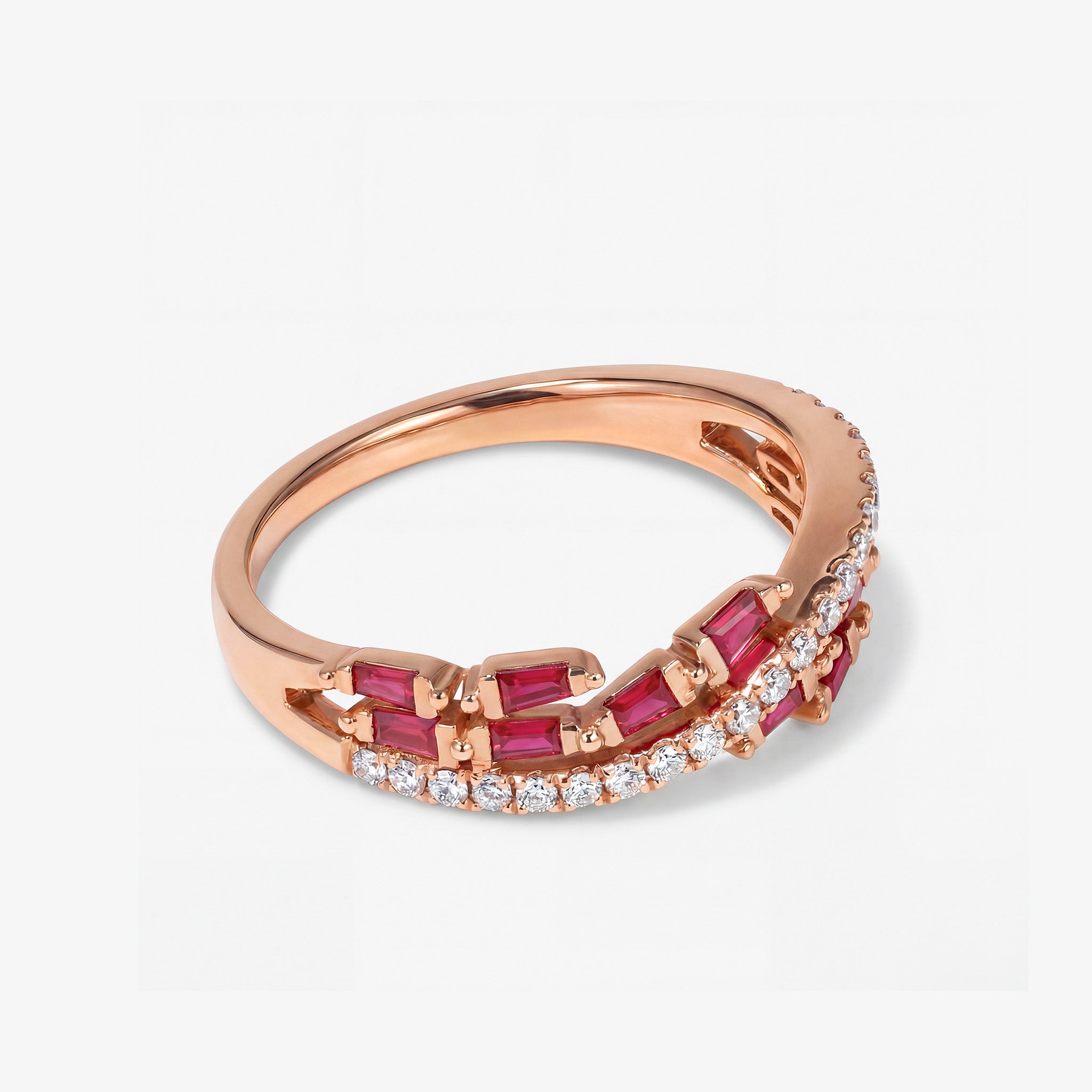 Natural Ruby and Diamond Criss Cross Wave Band Ring in 18K Rose Gold - JewelryAndStore