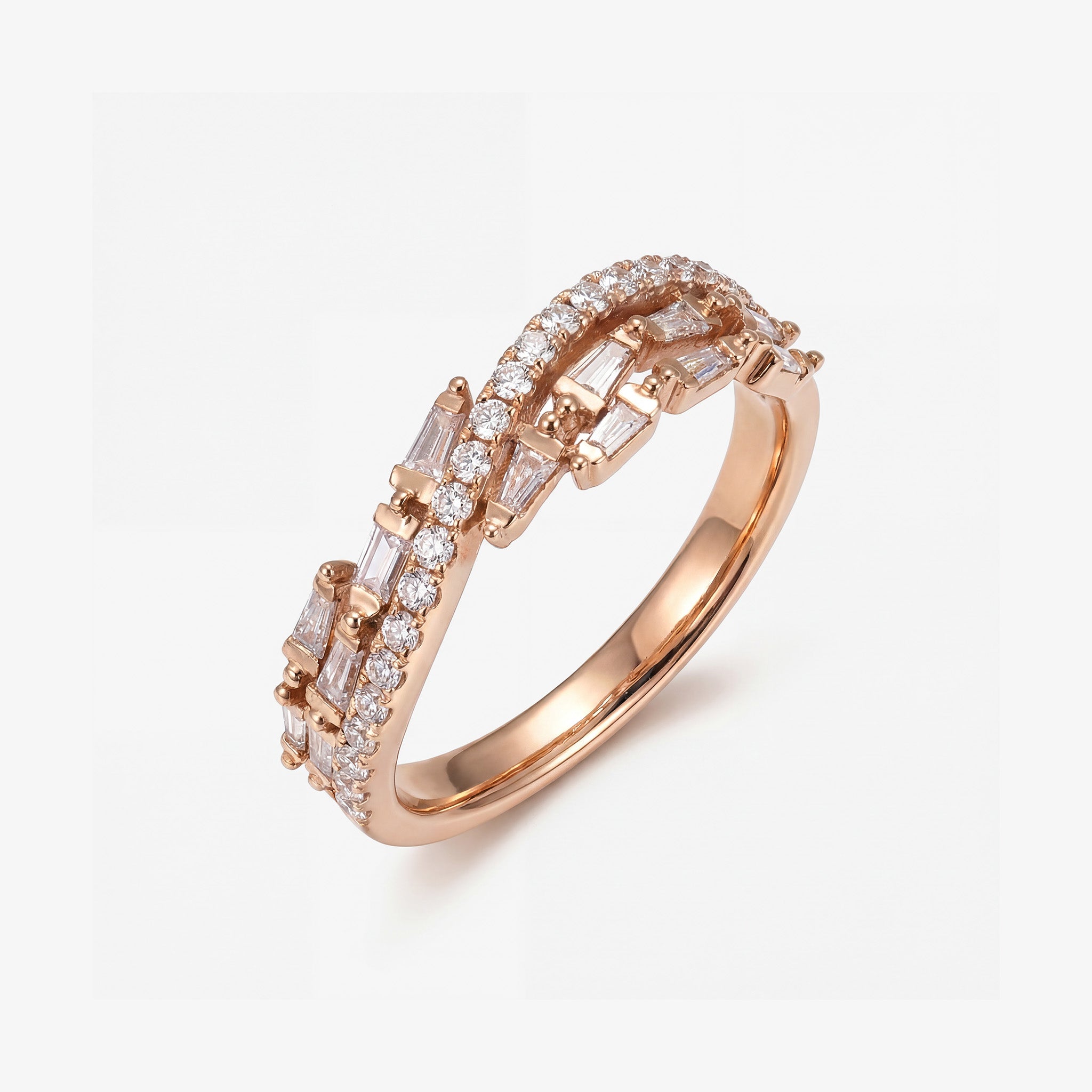 Modern Baguette and Round Diamond Wave Band in 18K Rose Gold - JewelryAndStore
