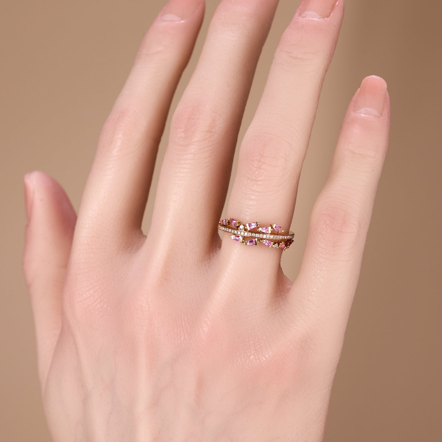 Diamond & Pink Sapphire Band Ring in 18K Gold - Jewelry And Store