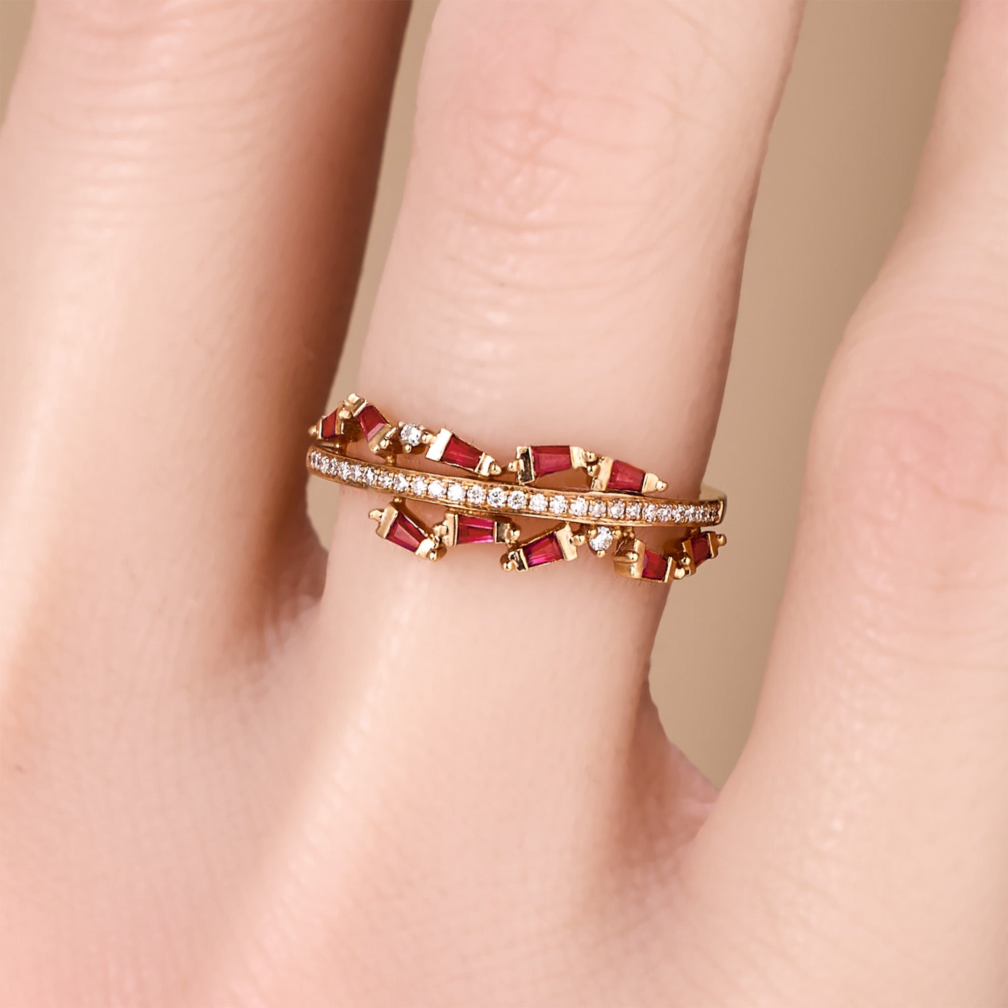 18K Rose Gold Natural Ruby & Diamond Slim Band Ring - JewelryAndStore