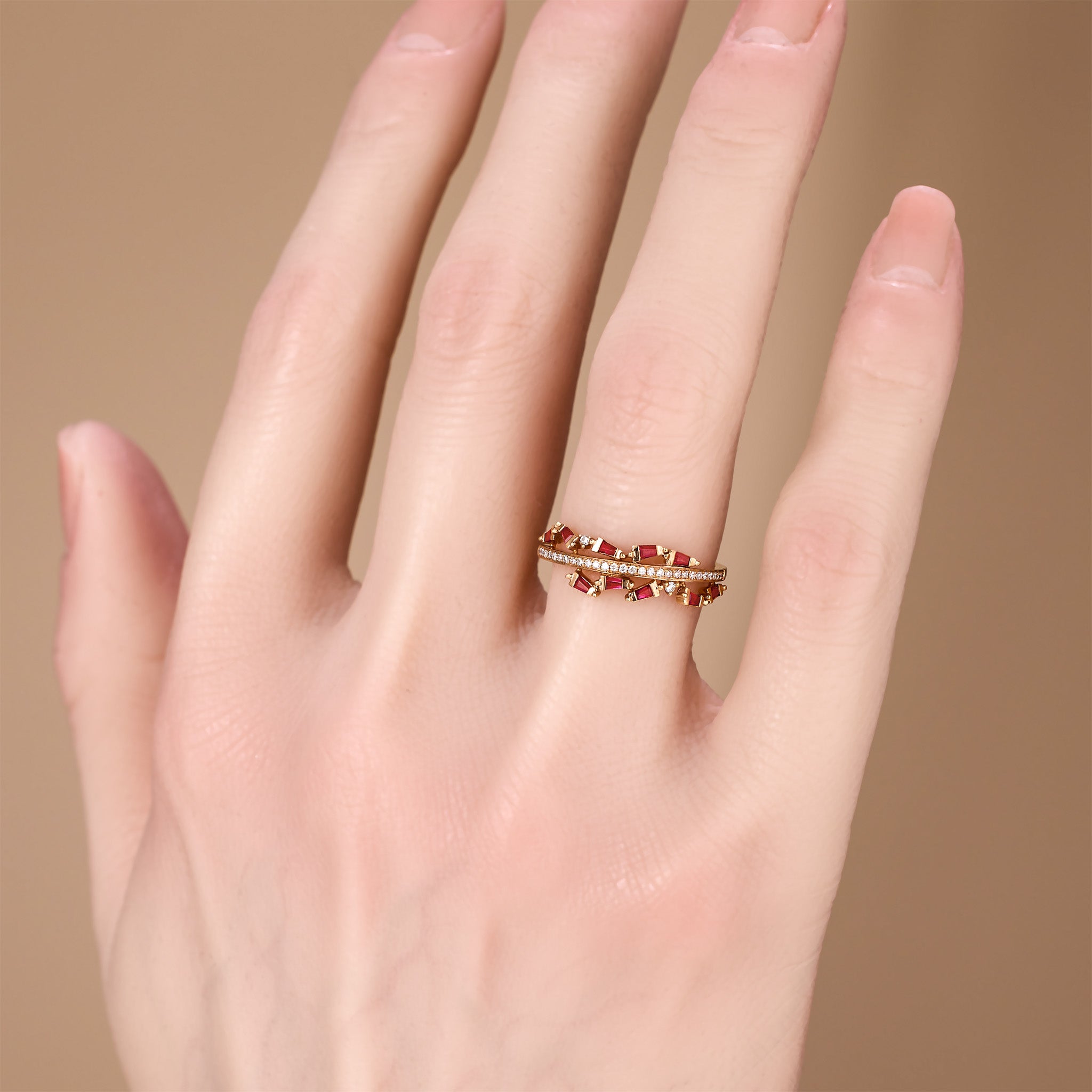 18K Rose Gold Natural Ruby & Diamond Slim Band Ring - JewelryAndStore