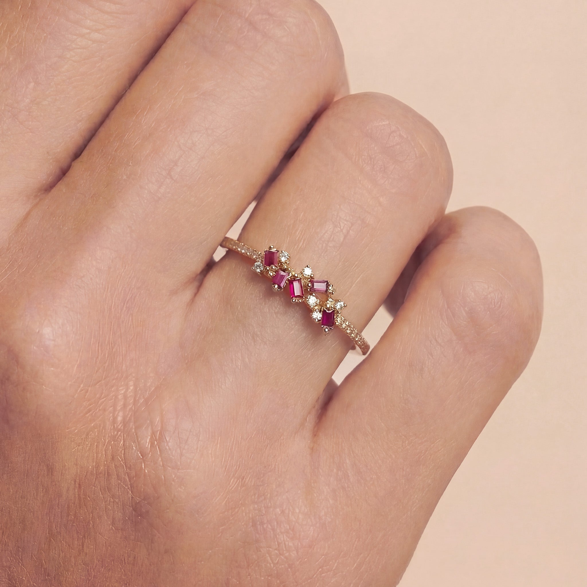 Natural Ruby and Diamond Cluster Ring in 18K Rose Gold - JewelryAndStore