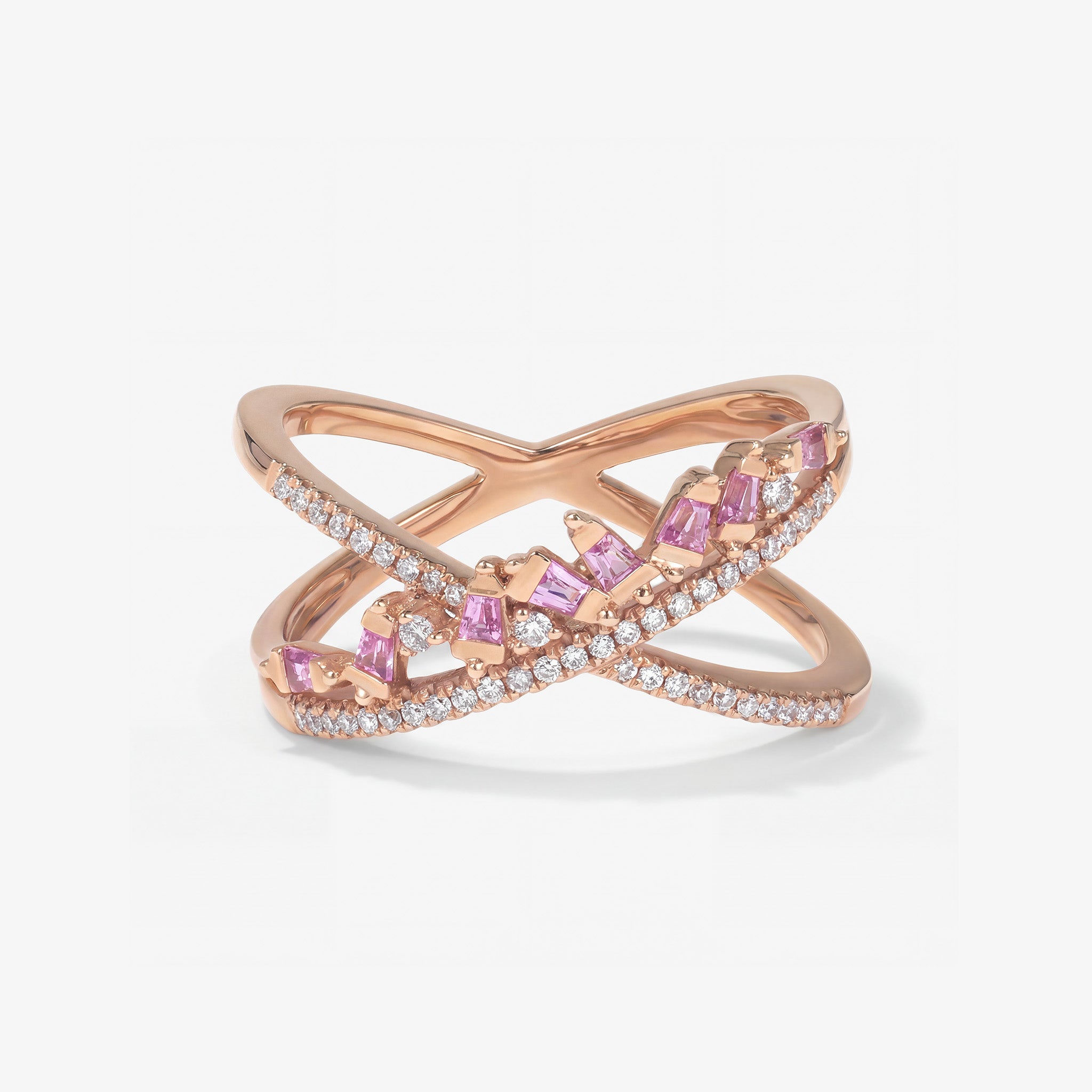 Crisscross Pink Sapphire and Diamond X Ring in 18K Rose Gold - JewelryAndStore