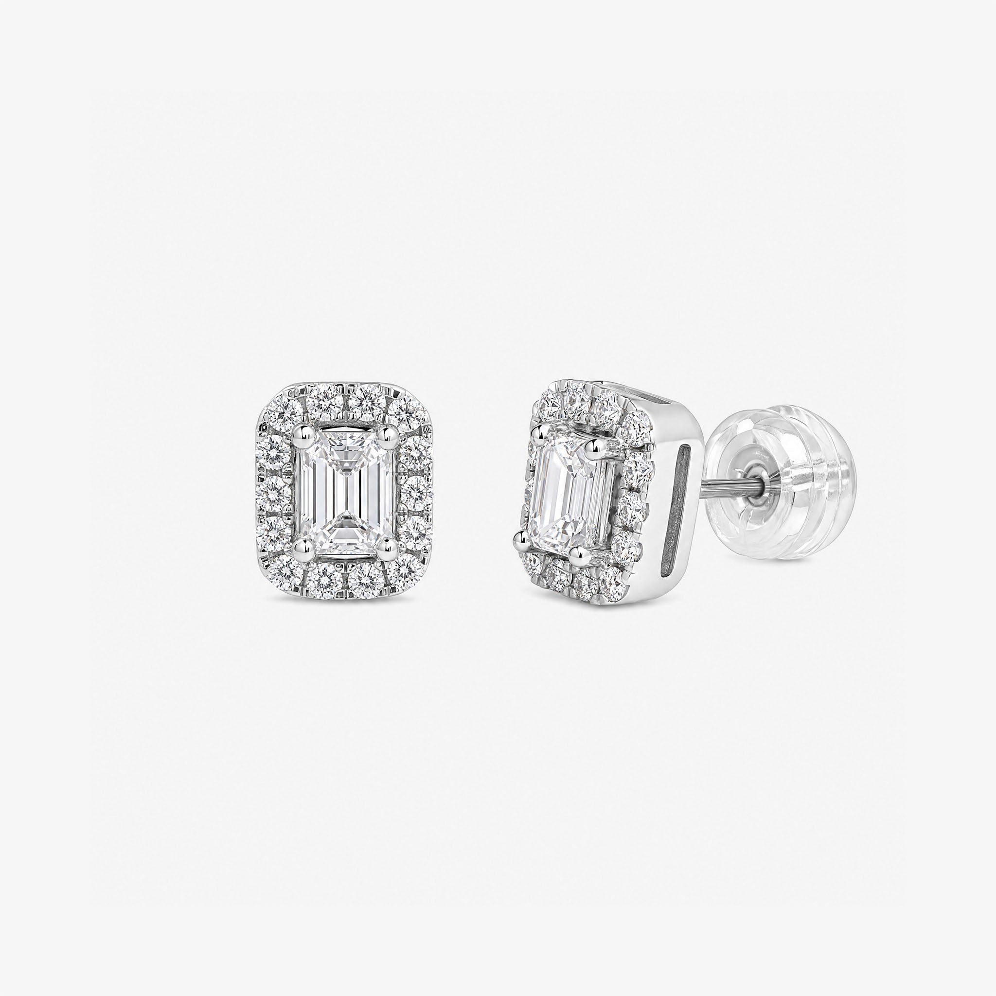 Emerald Cut Diamond Halo Stud Earrings in 18K White Gold - JewelryAndStore