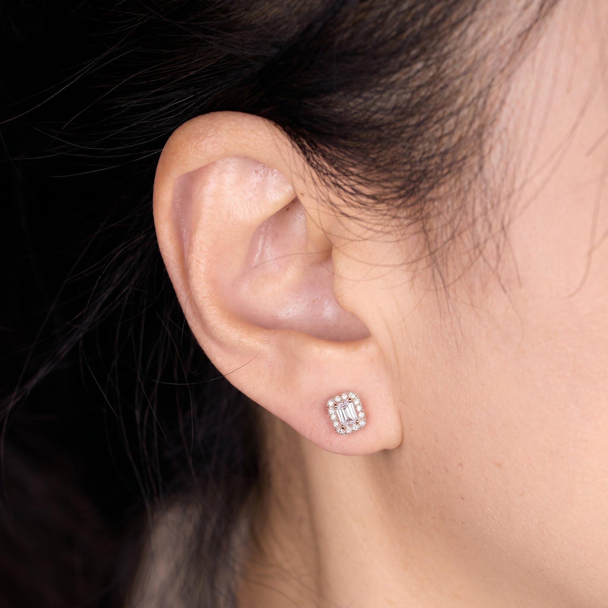 Emerald Cut Diamond Halo Stud Earrings in 18K Rose Gold - JewelryAndStore