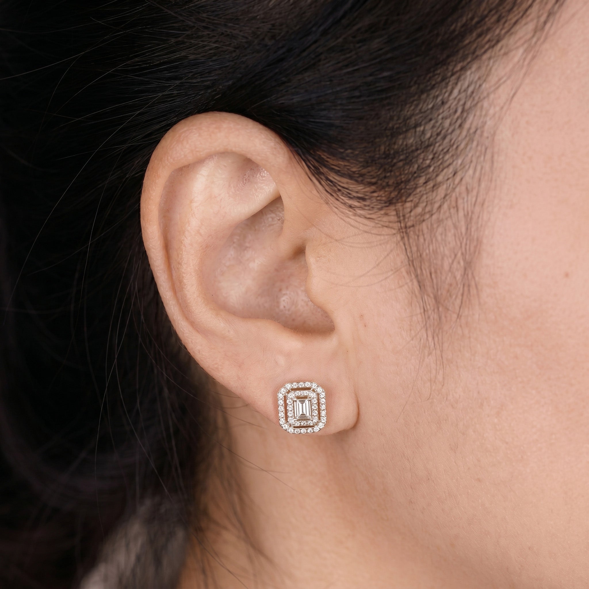 0.28ct tw Emerald Cut Diamond Double Halo Stud Earrings in 18K White Gold - JewelryAndStore