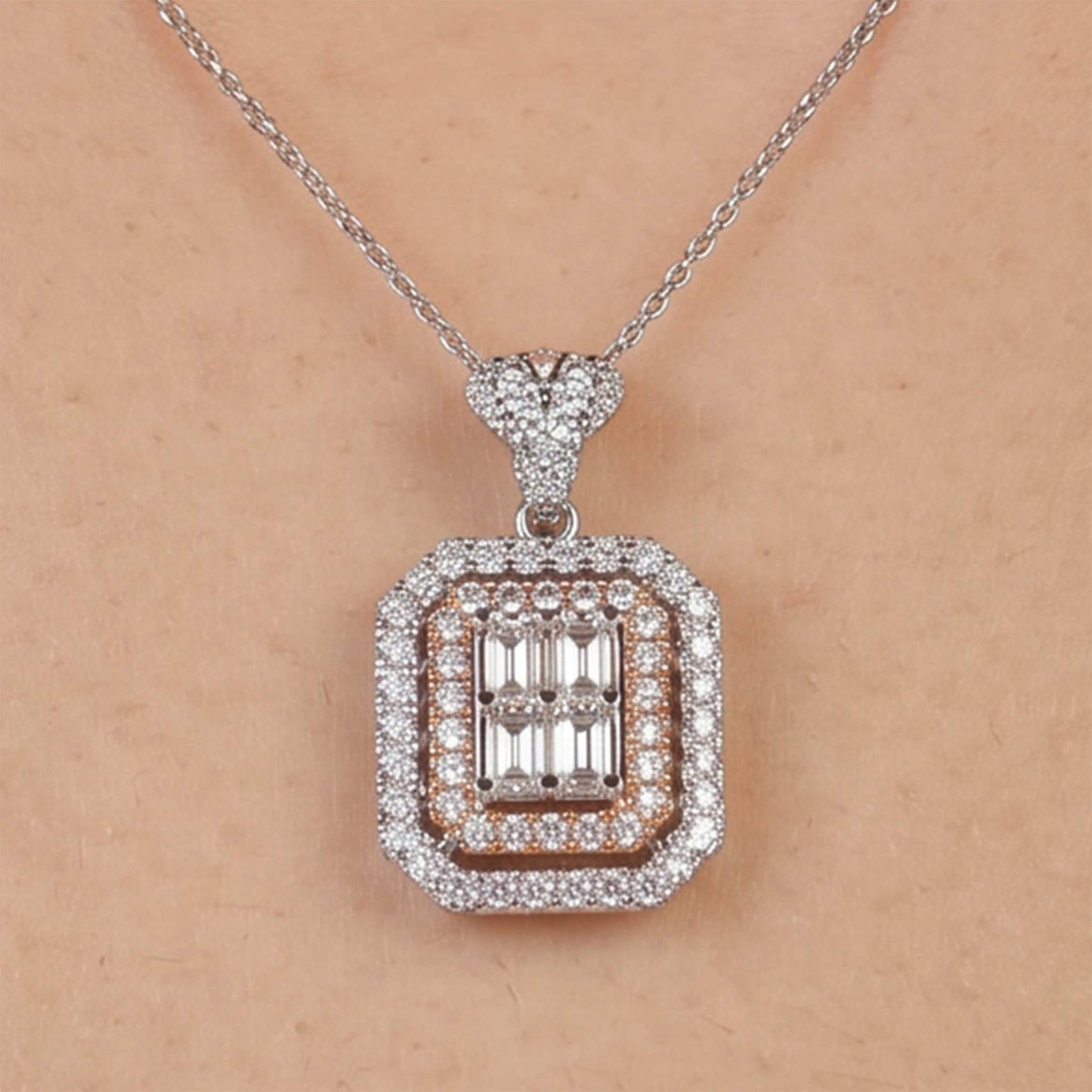 1.25ct Natural Diamond Emerald-Cut Illusion Pendant in 18K Two-Tone Gold - JewelryandStore