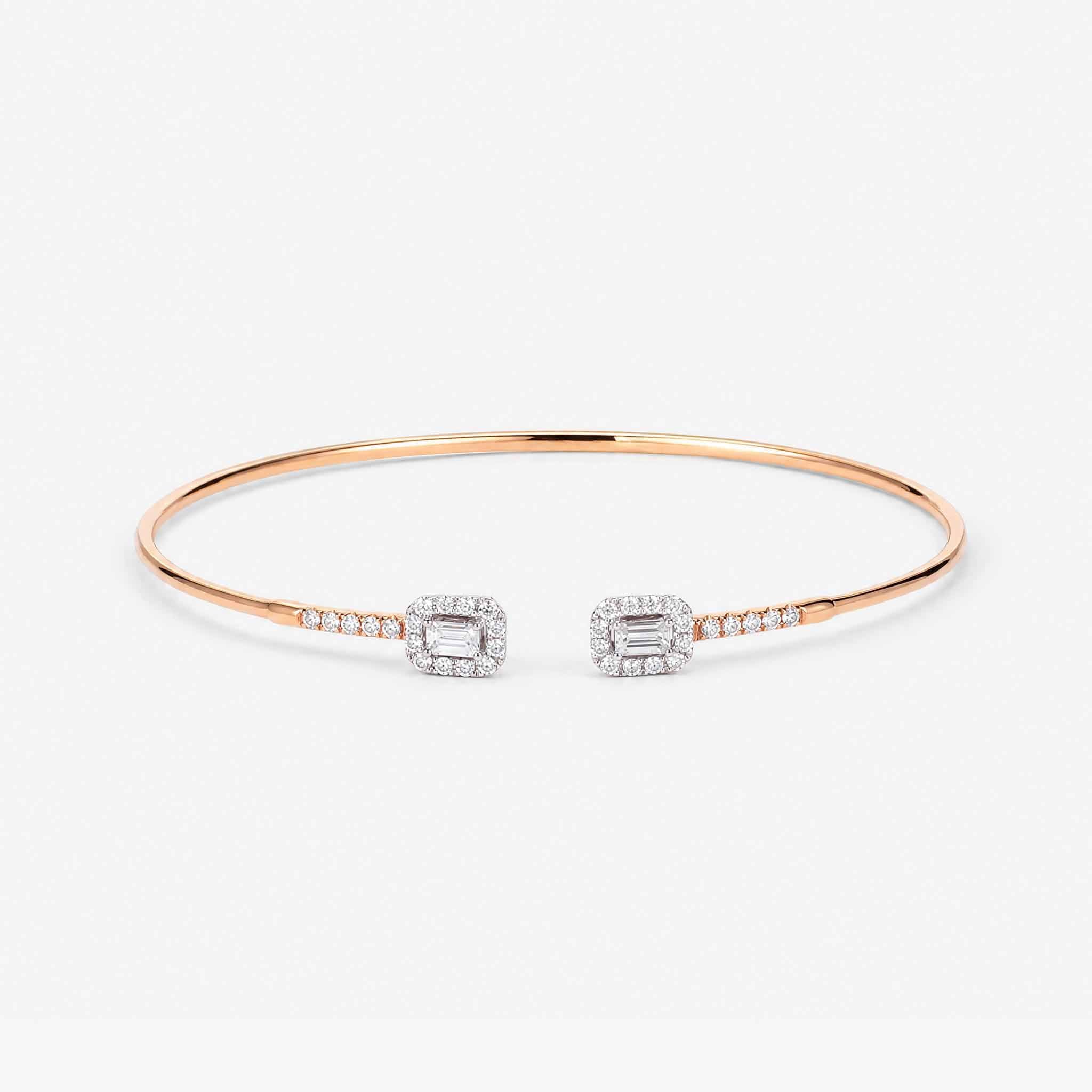 Natural Emerald Cut and Round Diamond Halo Open Cuff Bangle in 18K Rose Gold - JewelryAndStore