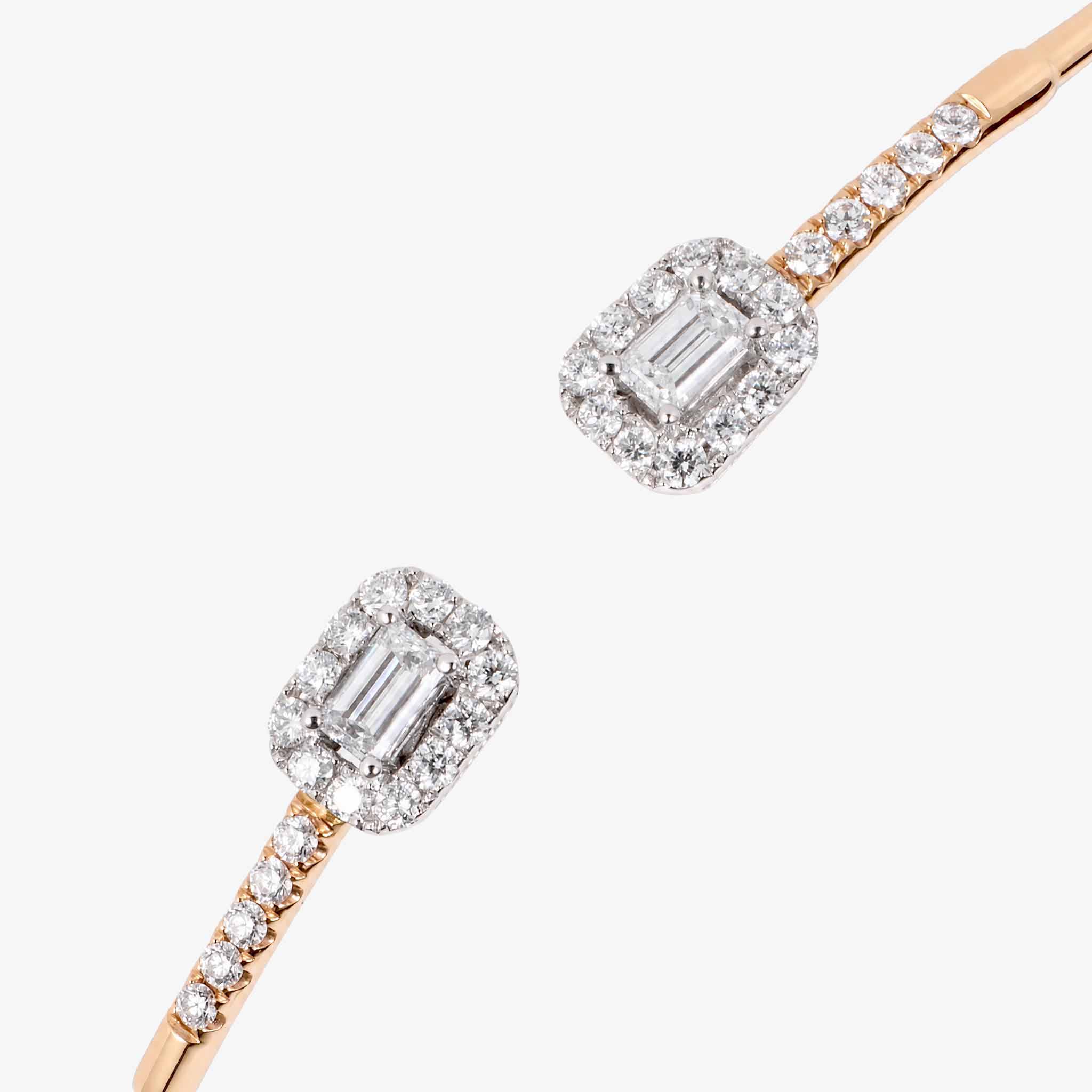 Natural Emerald Cut and Round Diamond Halo Open Cuff Bangle in 18K Rose Gold - JewelryAndStore