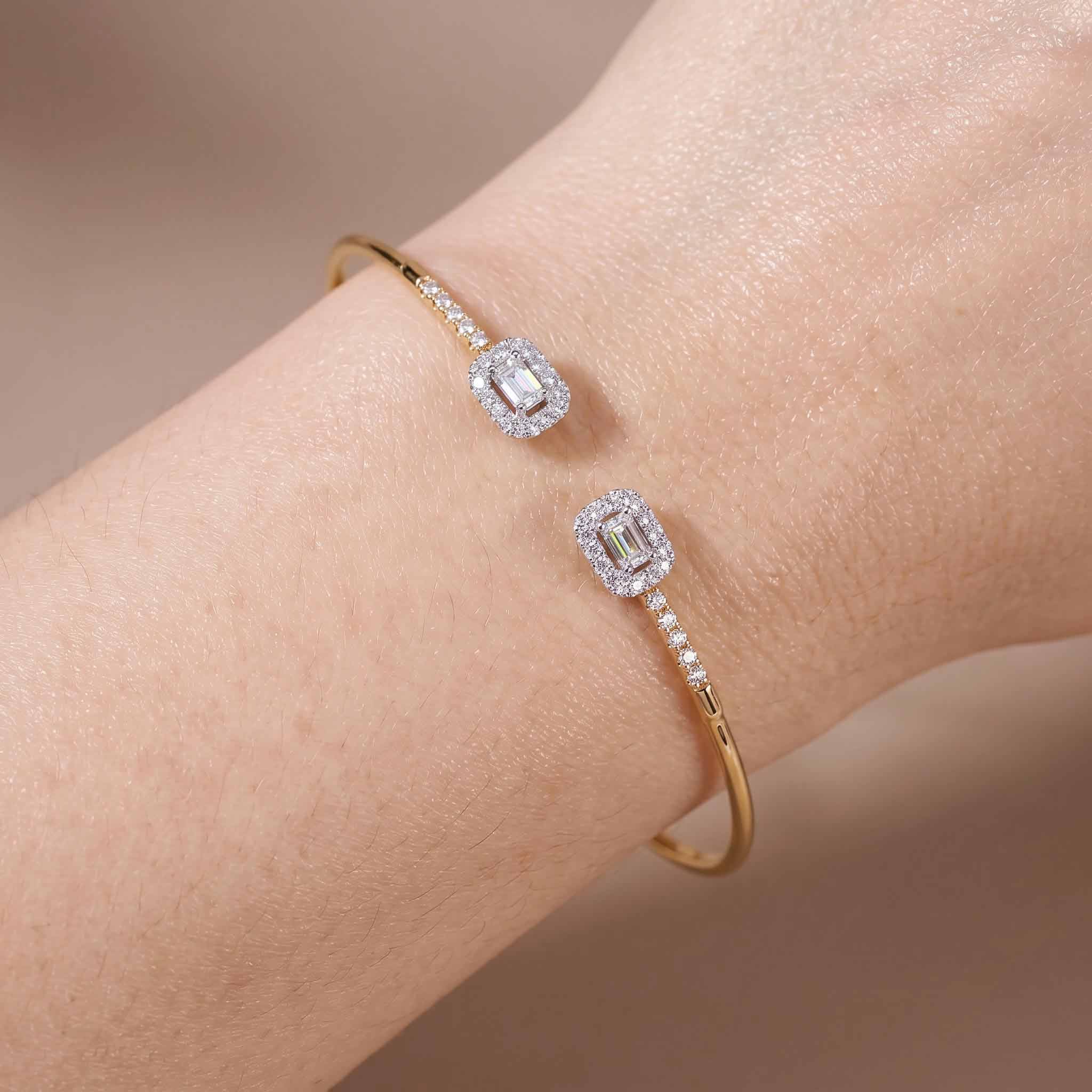 Natural Emerald Cut and Round Diamond Halo Open Cuff Bangle in 18K Rose Gold - JewelryAndStore