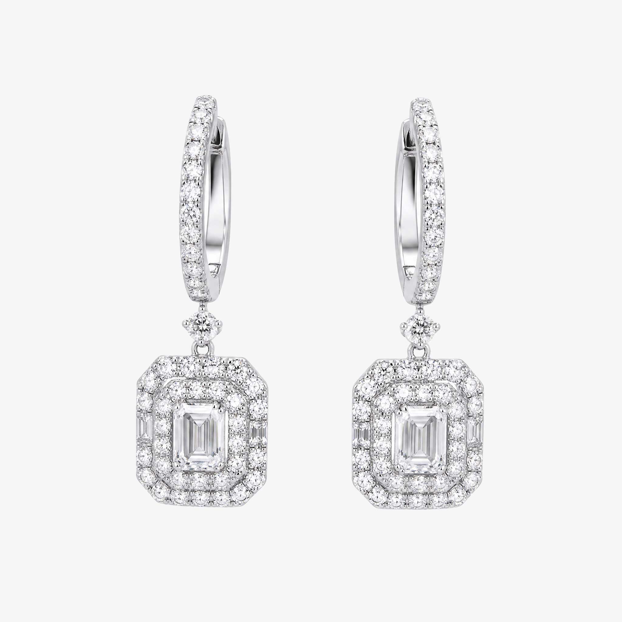 Natural Emerald Cut Diamond Drop Earrings in 18K White Gold- JewelryandStore