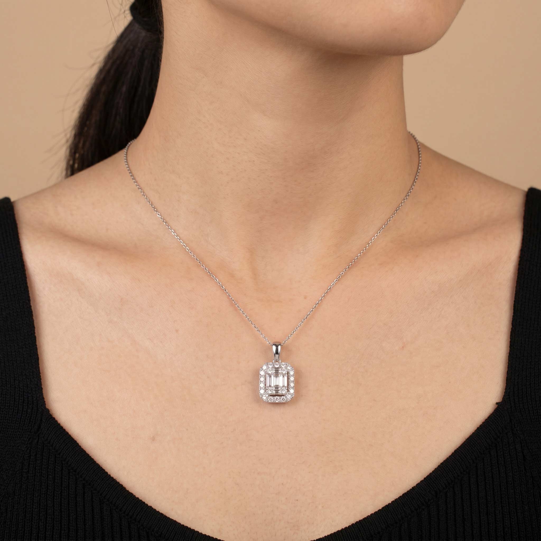 0.75ct Natural Diamond Baguette Illusion Pendant in 18K White Gold - JewelryAndStore