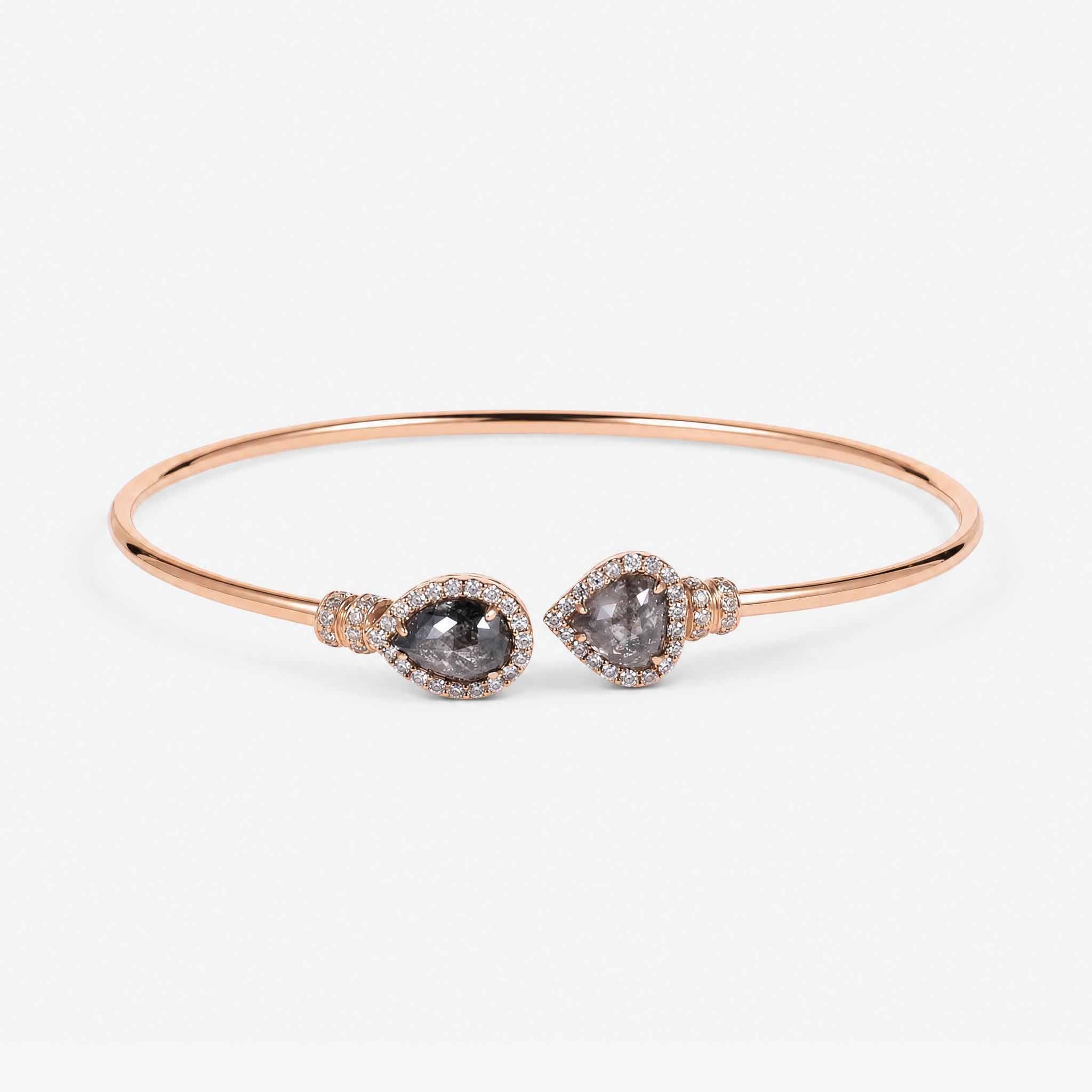 Natural Pear Slice Diamond Double Cluster Open Cuff Bangle in 18K Rose Gold - JewelryAndStore