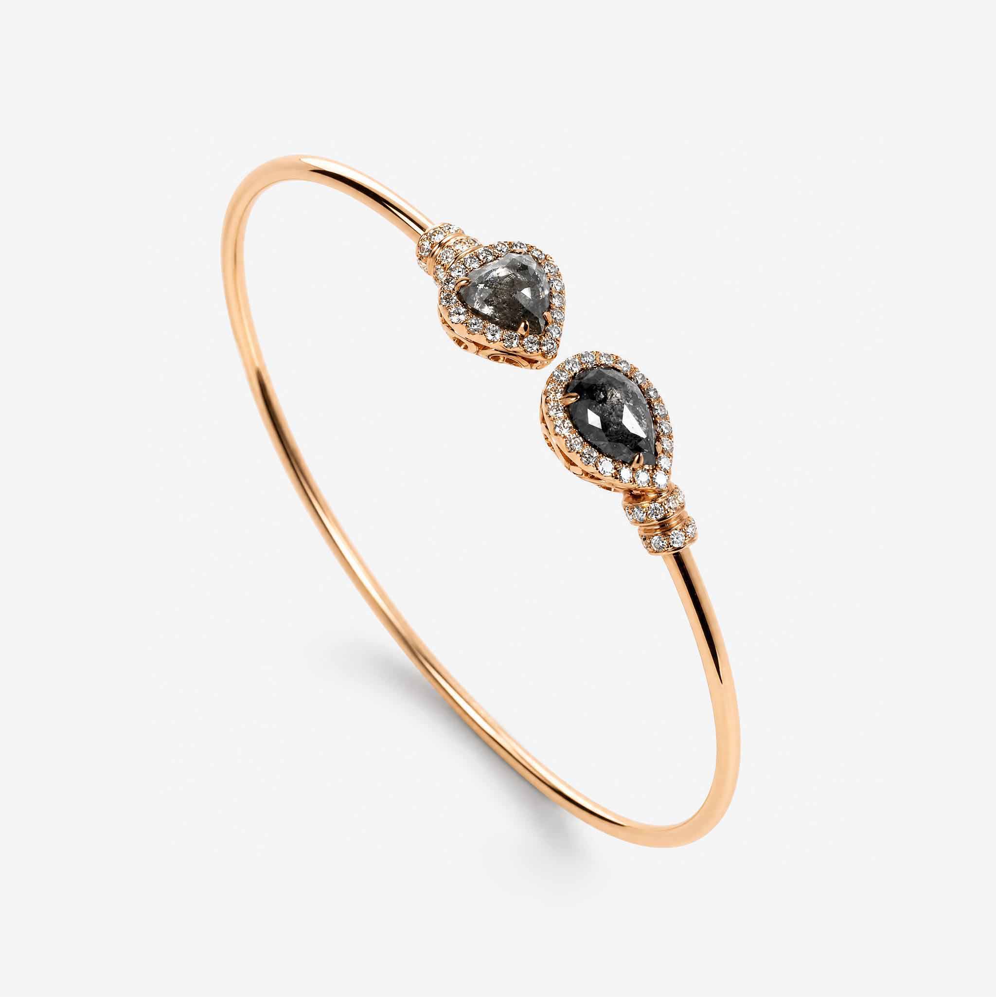 Natural Pear Slice Diamond Double Cluster Open Cuff Bangle in 18K Rose Gold - JewelryAndStore
