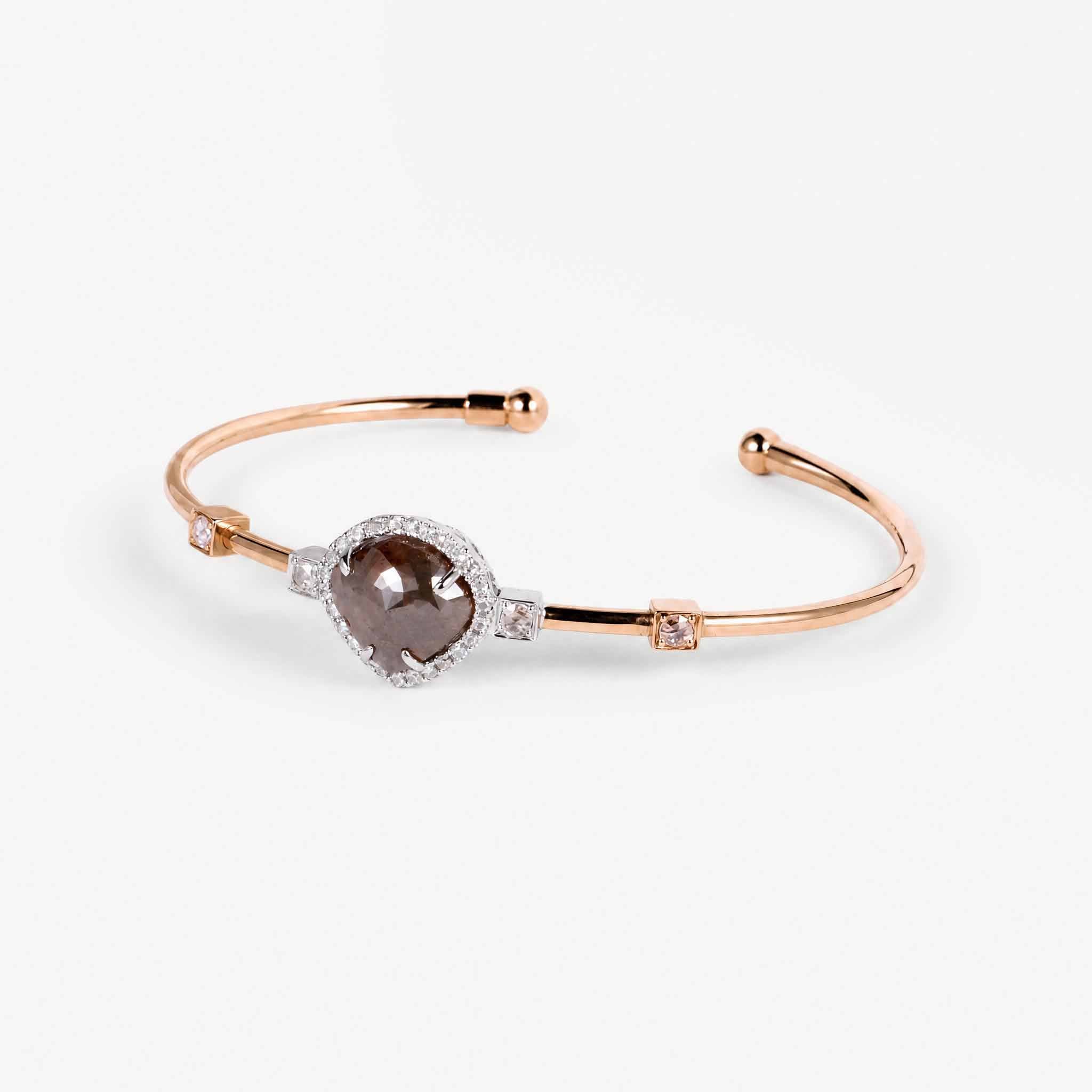 Natural Triangle Slice Diamond Halo Open Cuff Bangle in 18K Rose Gold - JewelryAndStore