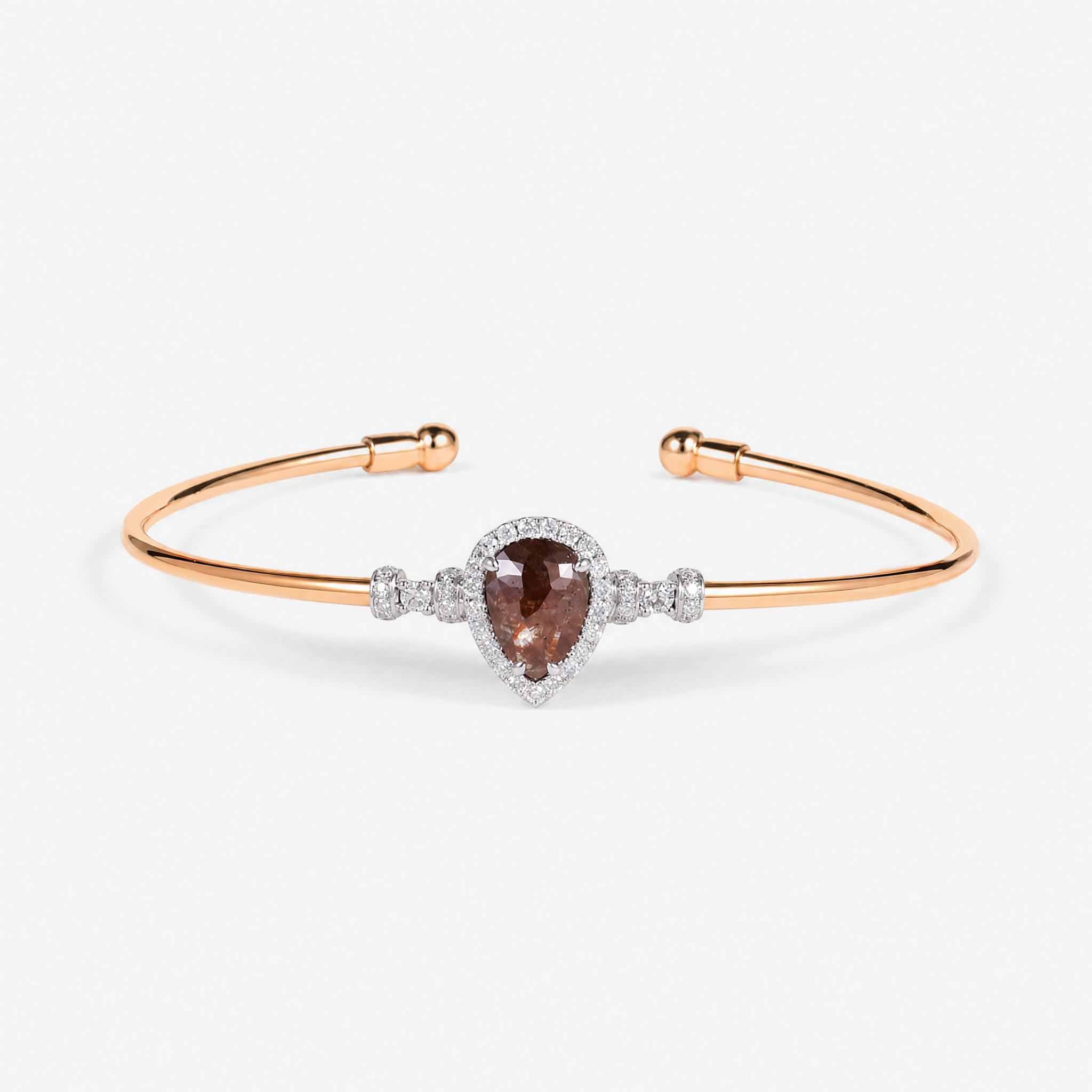 Natural Pear Brown Diamond Double Halo Open Cuff Bangle in 18K Rose Gold - JewelryAndStore