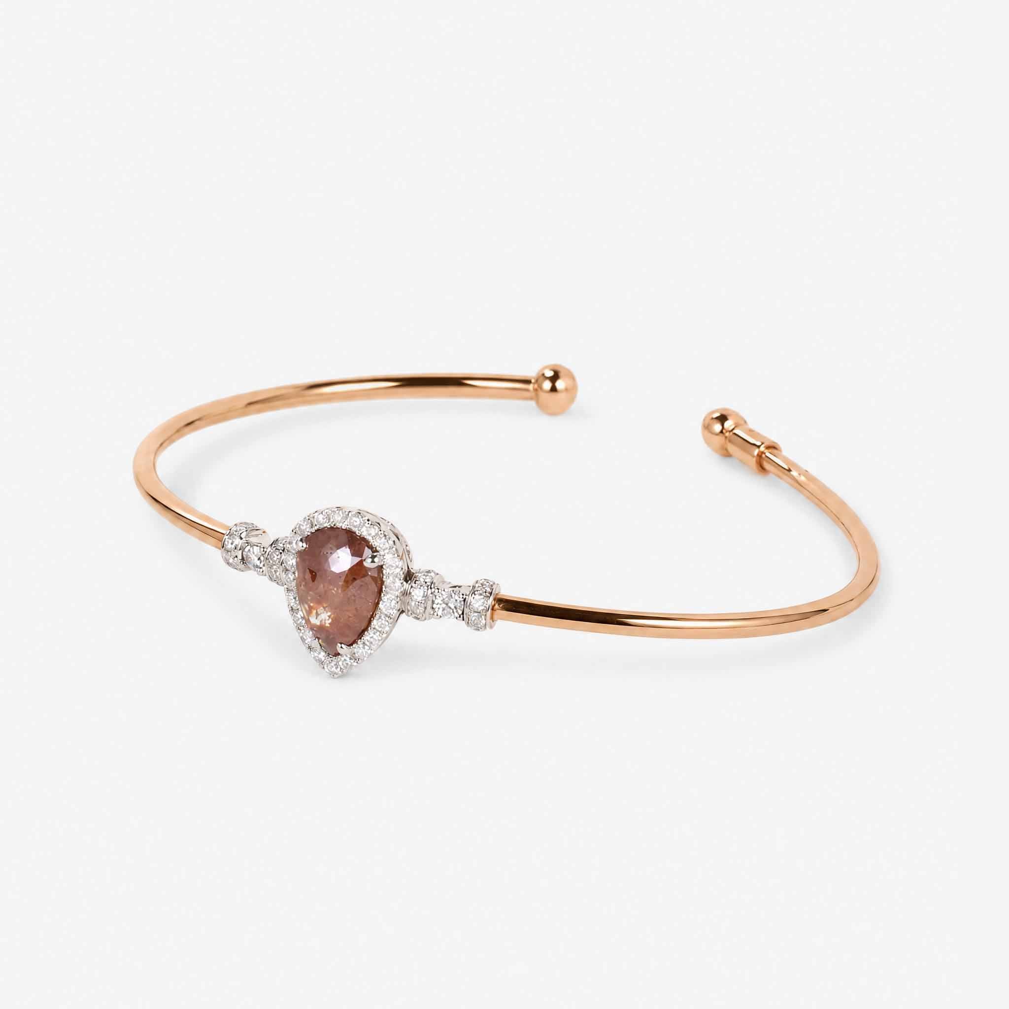 Natural Pear Brown Diamond Double Halo Open Cuff Bangle in 18K Rose Gold - JewelryAndStore