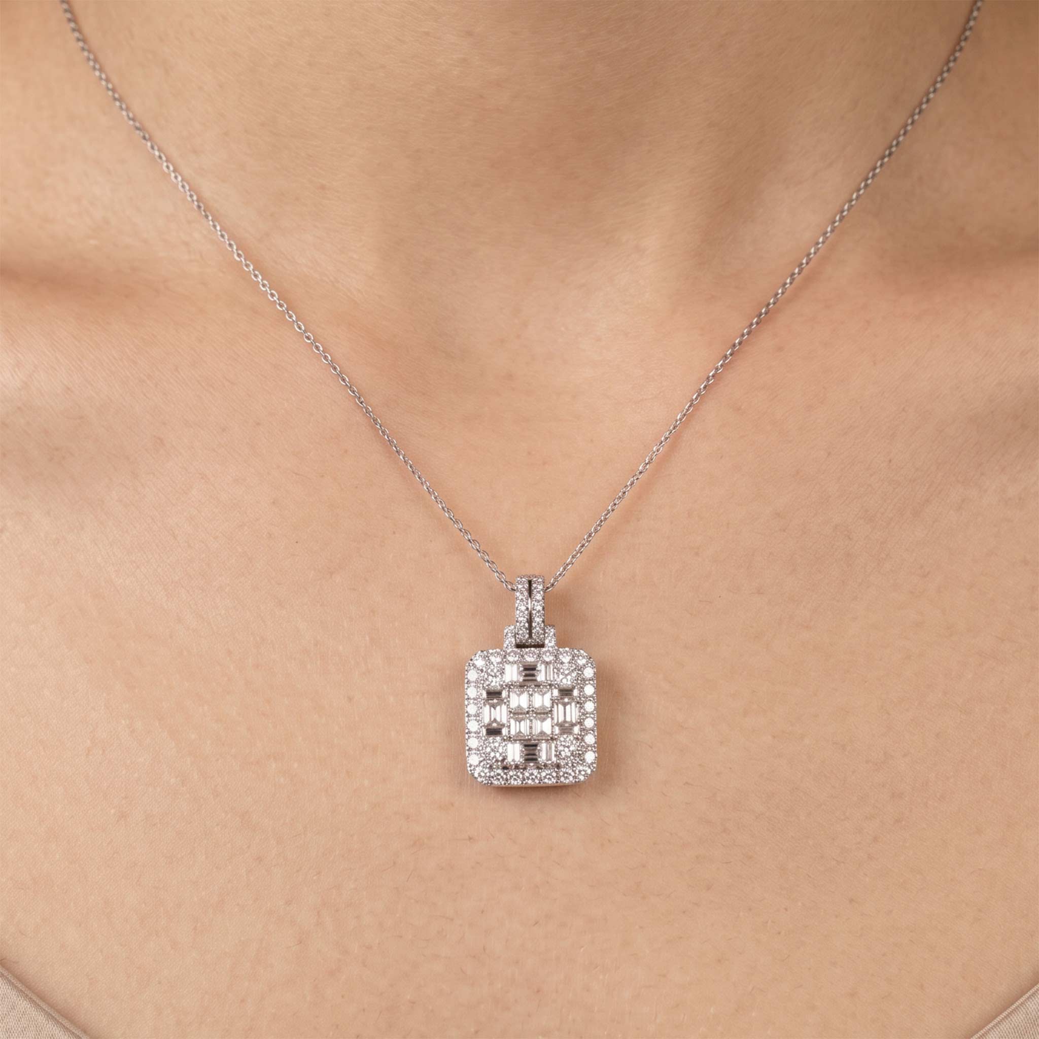 1.40ct Natural Diamond Baguette Illusion Pendant in 18K White Gold - JewelryAndStore