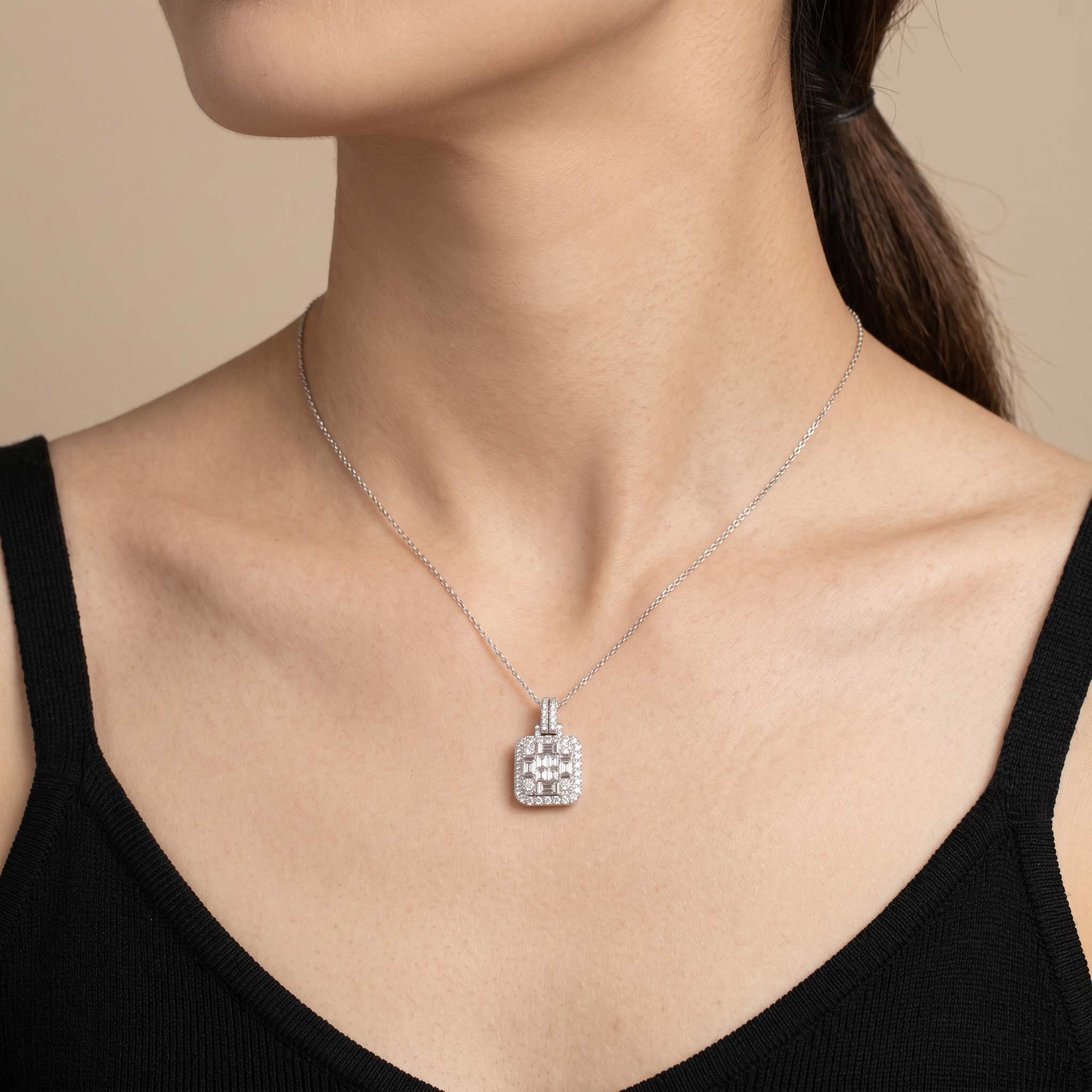 1.40ct Natural Diamond Baguette Illusion Pendant in 18K White Gold - JewelryAndStore