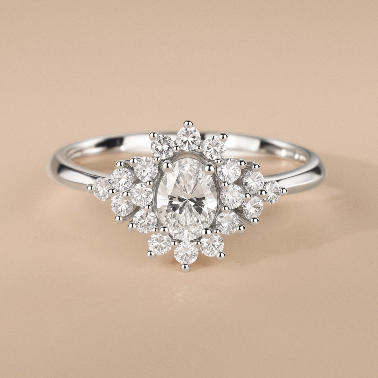 0.33ct.tw. Oval Diamond Floral Halo Ring in 18K White Gold - Jewelry And Store