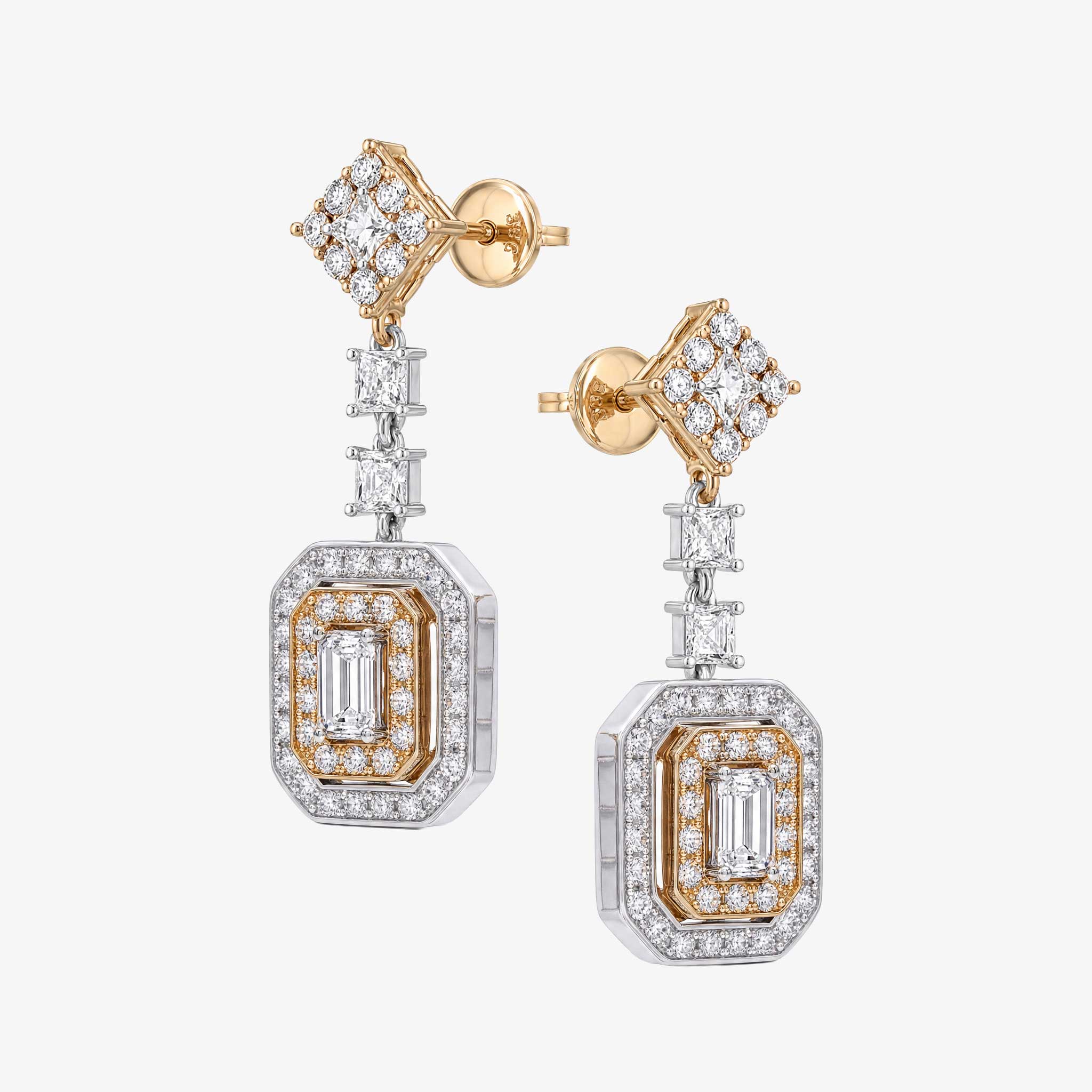 0.88 ctw Natural Emerald Cut Diamond Drop Earrings in 18K Two-Tone Gold