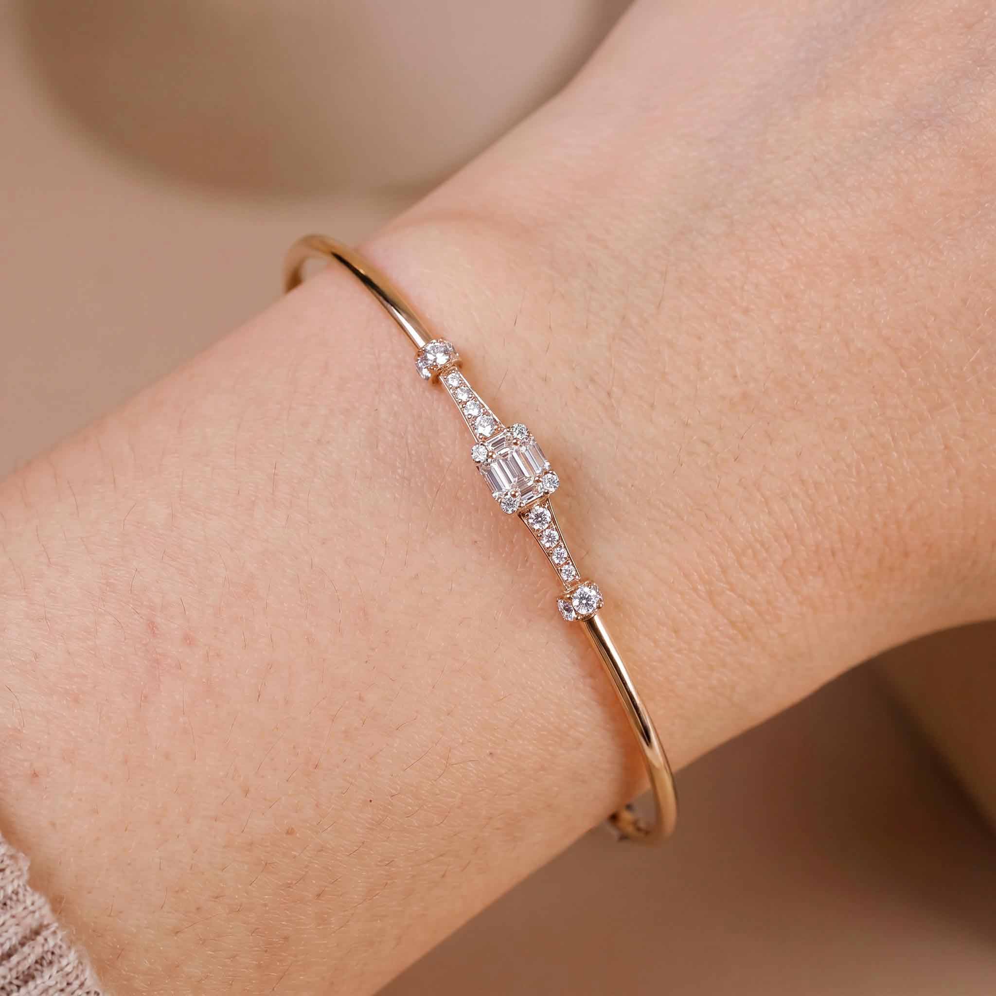 Natural Mixed Cut Diamond Cluster Open Cuff Bangle in 18K Rose Gold - JewelryAndStore