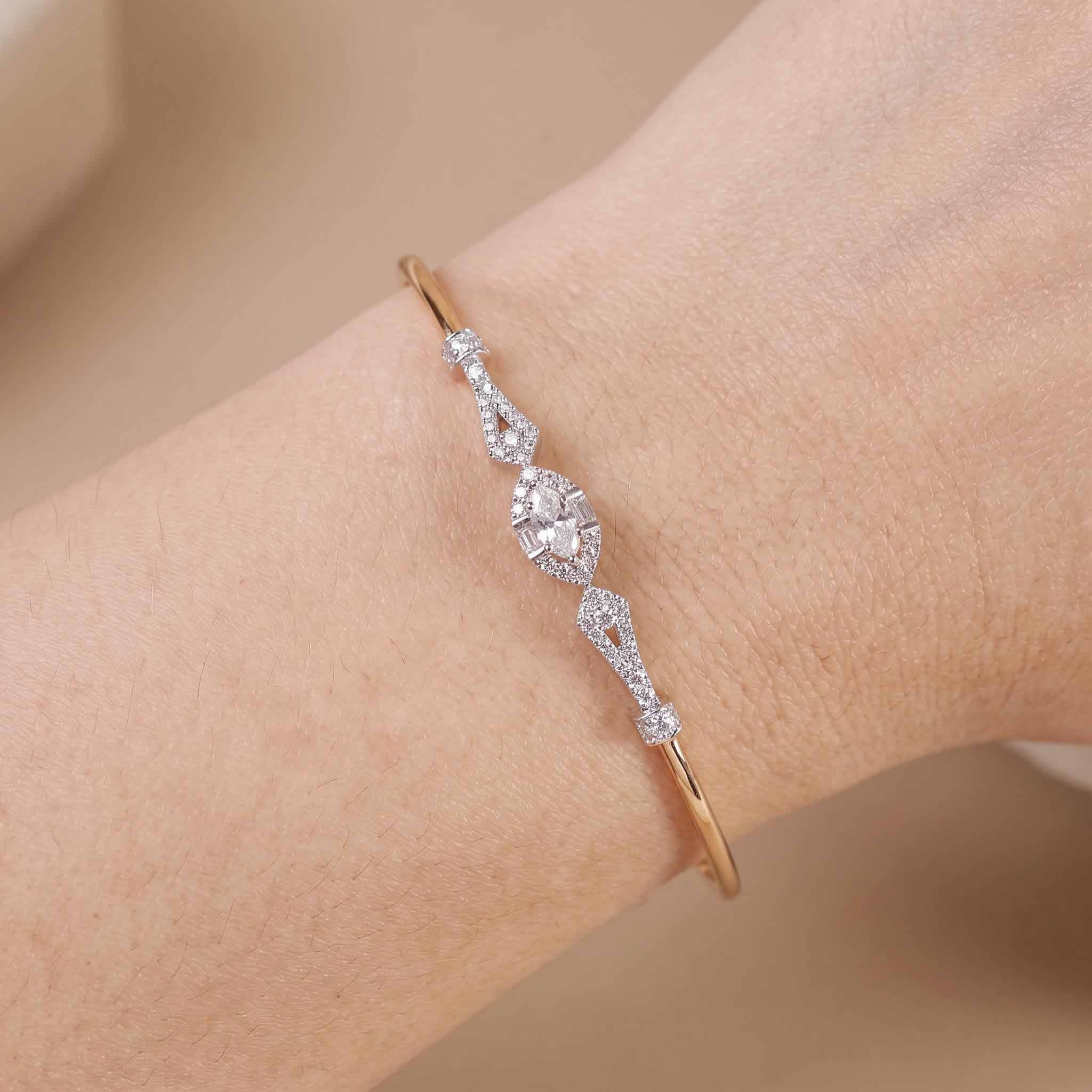 Natural Marquise and Round Diamond Halo Open Cuff Bangle in 18K Rose Gold - JewelryAndStore