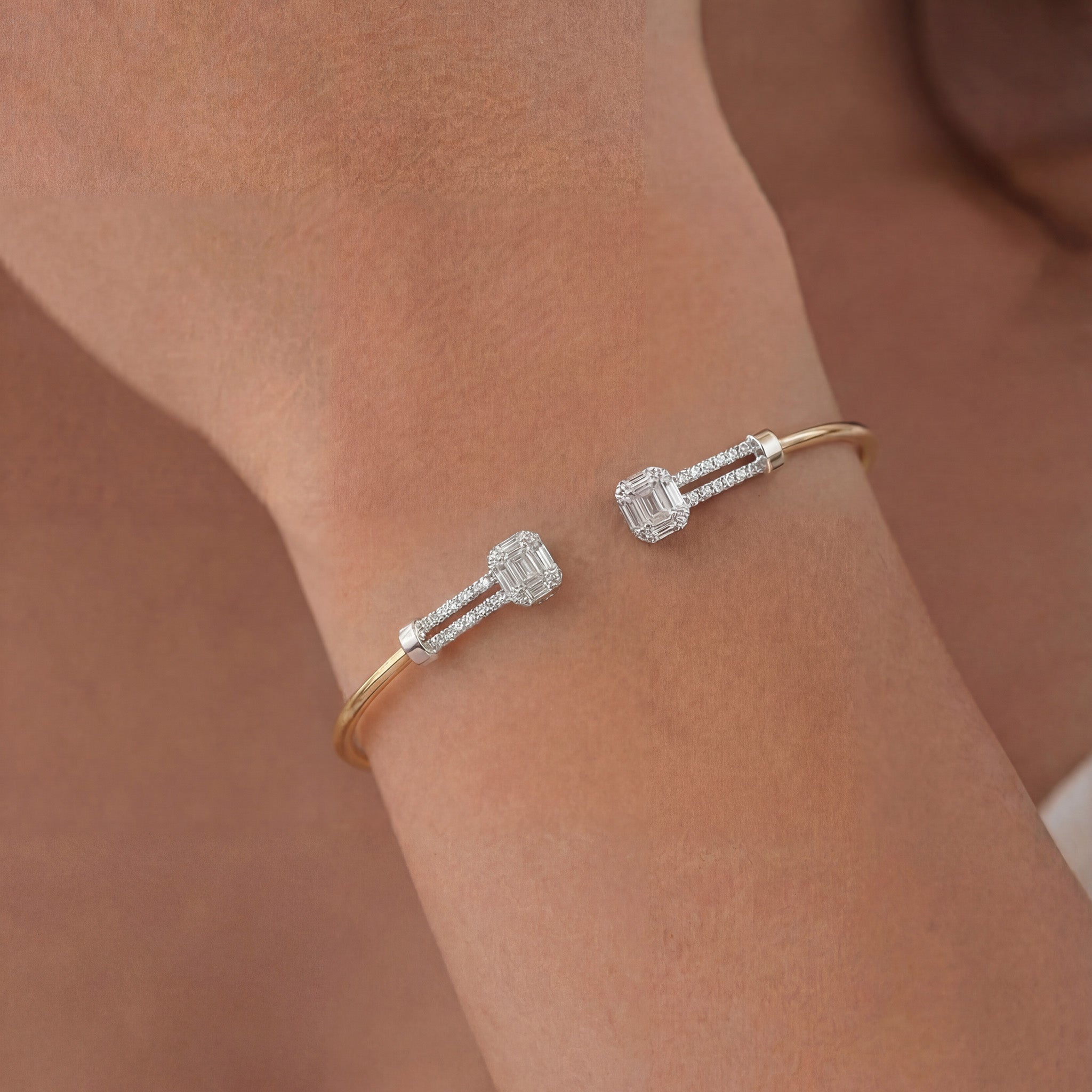 0.81 ct.tw. Natural Diamond Two - Tone Open Bangle Bracelet 18K Gold - JewelryAndStore