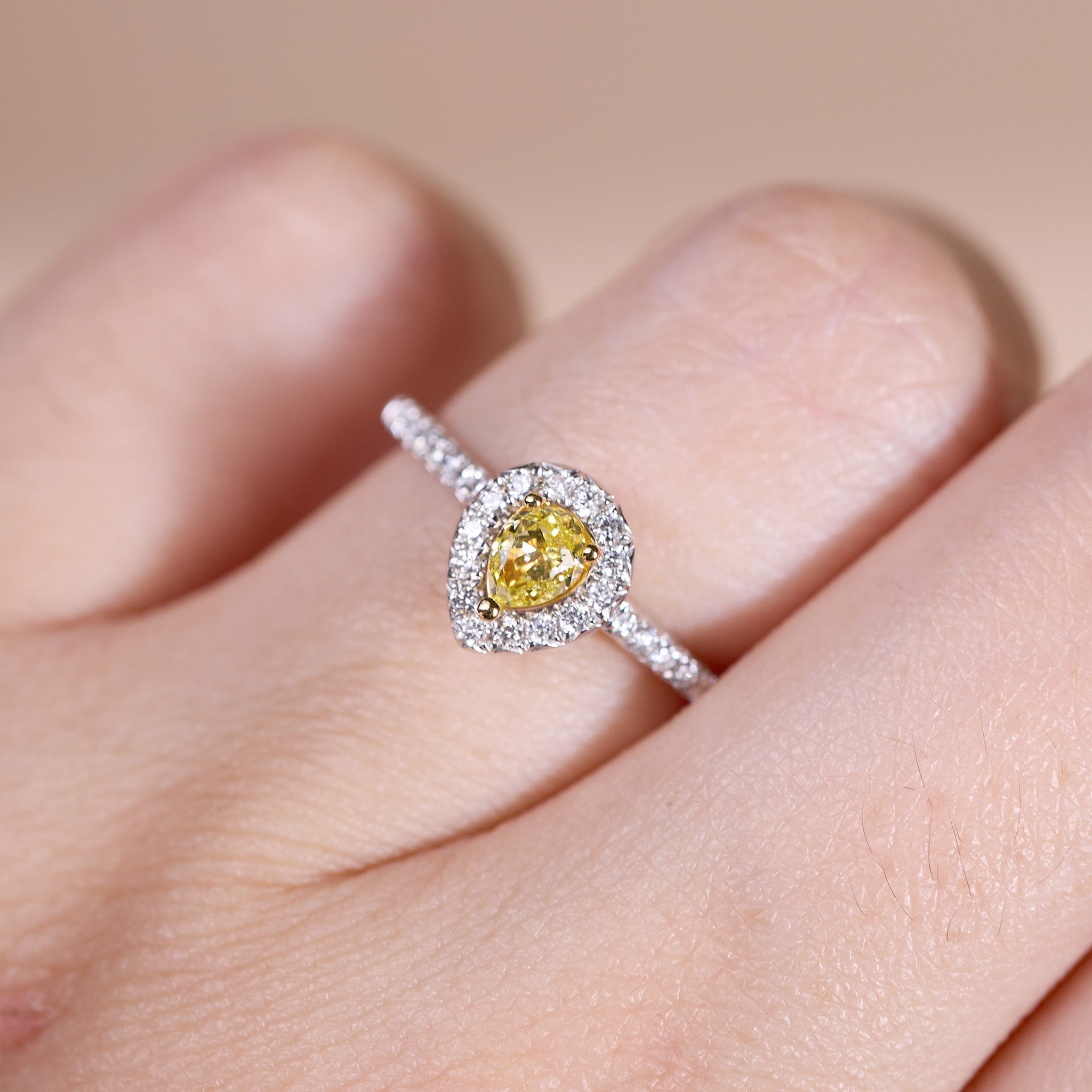 18K Gold Two - Tone Halo Ring with 0.28ct.tw.Pear - shape Yellow Diamond - JewelryAndStore