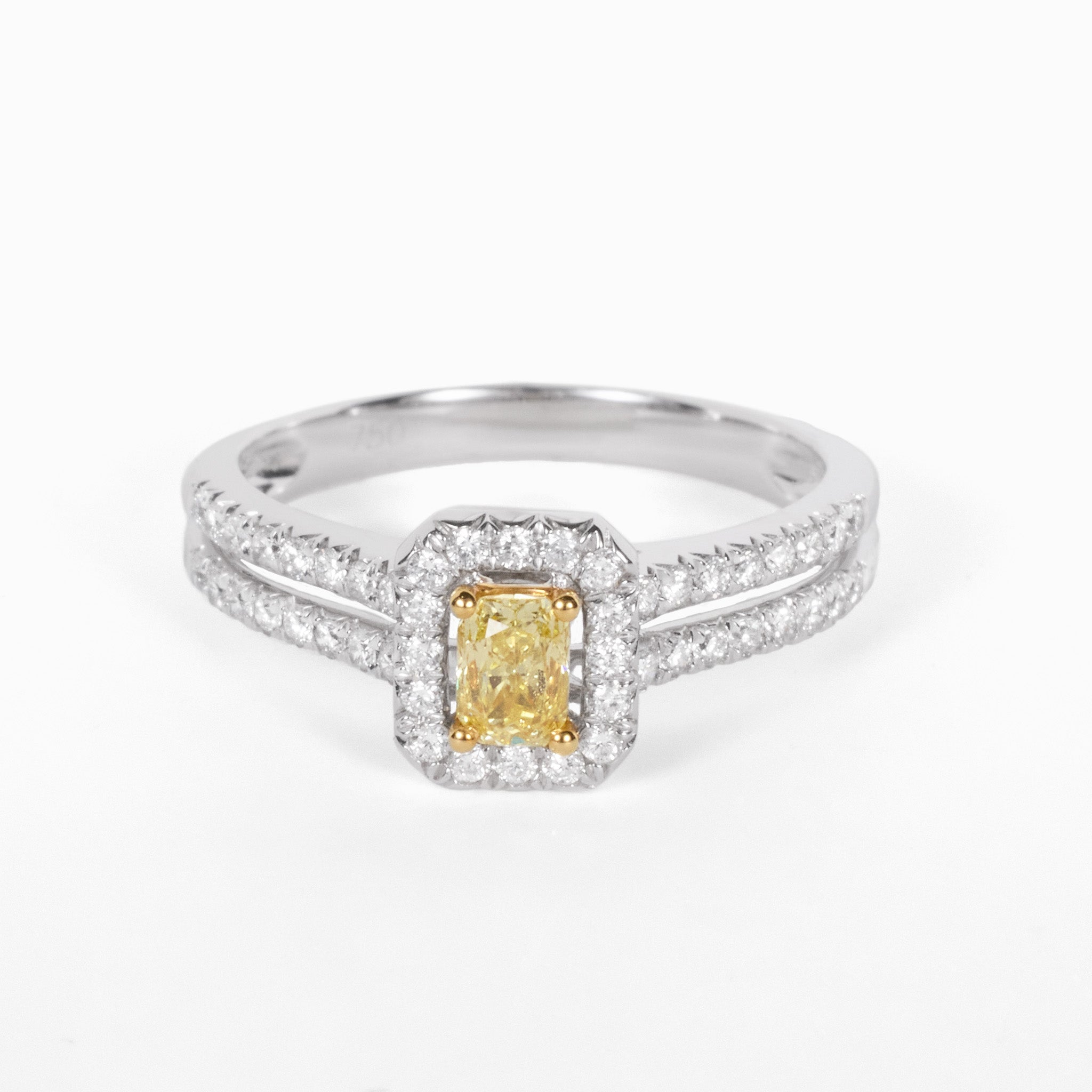 18K Gold Two - Tone Halo Ring with 0.34ct.tw. Natural Yellow Diamond - JewelryAndStore