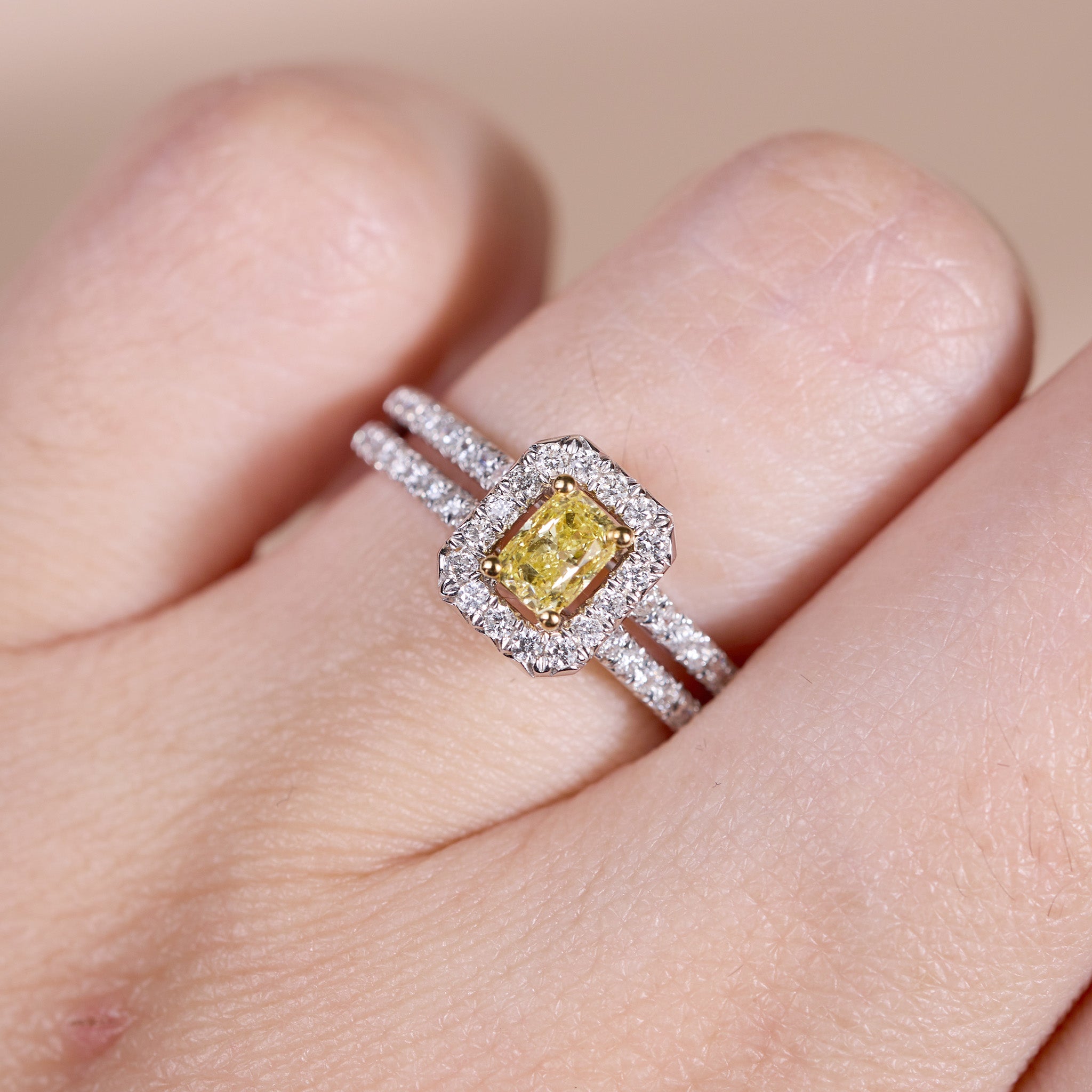 18K Gold Two - Tone Halo Ring with 0.34ct.tw. Natural Yellow Diamond - JewelryAndStore