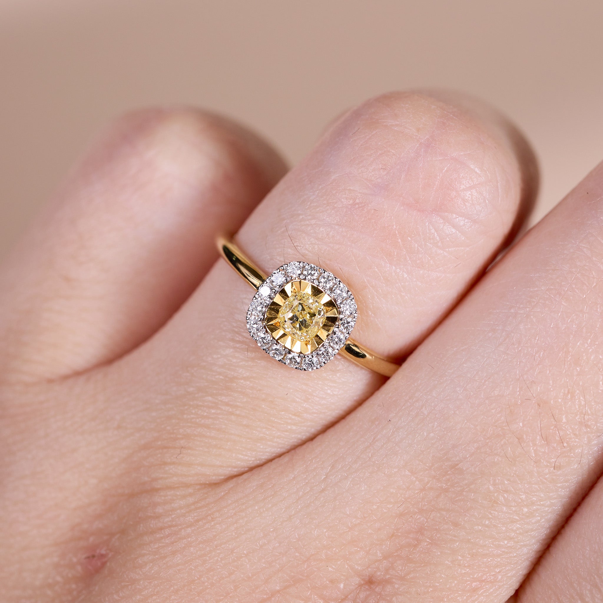 18K Gold Yellow Diamond Miracle - Plate Cushion Halo Ring - JewelryAndStore